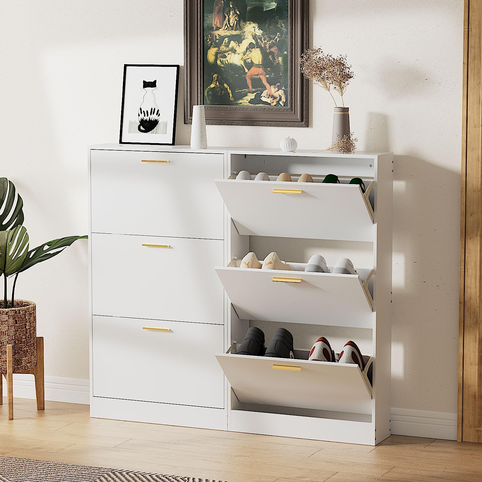 NOVAMAISON White Shoe Storage Cabinet Set of 2 - Slim 3-Door Flip Shoe Organizer for Entryway, Hallway, Bedroom & Apartment - Space Saving Wooden Shoe Rack (Perfect for Small Spaces & Clutter-Free Home Organization)