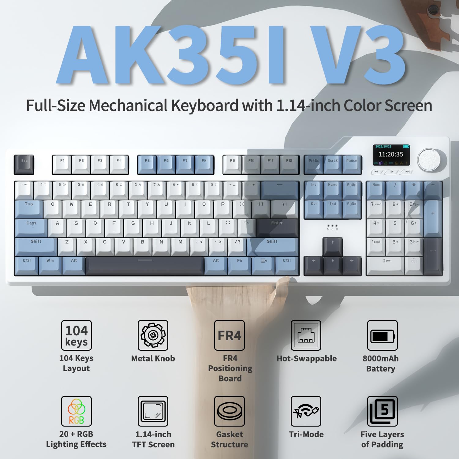 AJAZZ AK35I V3 Hot Swappable Mechanical Keyboard - Full Size RGB Backlit with Screen & Knob, 8000mAh Battery, FR4 Plate, 2.4G/BT/USB-C Connectivity, South-Facing LED (Avocado Axis) - Perfect for Gaming, Office Work & Typing Enthusiasts