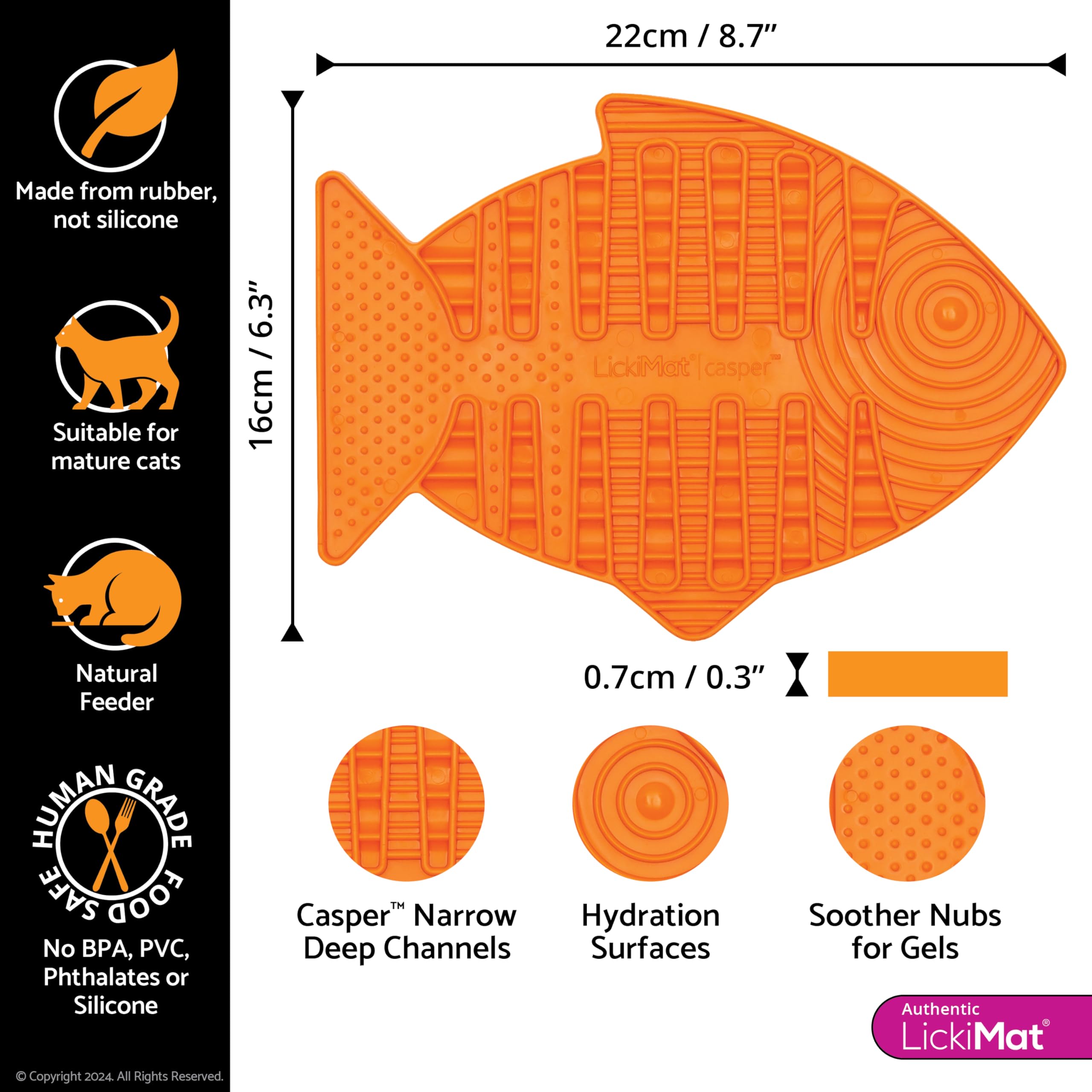 Fish-Shaped LickiMat Casper - Slow Feeder Cat Lick Mat for Anxiety Relief & Boredom - Perfect for Wet Food, Treats, Yogurt & Peanut Butter - Fun Alternative to Slow Feed Cat Bowls - Great for Grooming, Mealtime & Stress Relief - Orange Pet Supplies