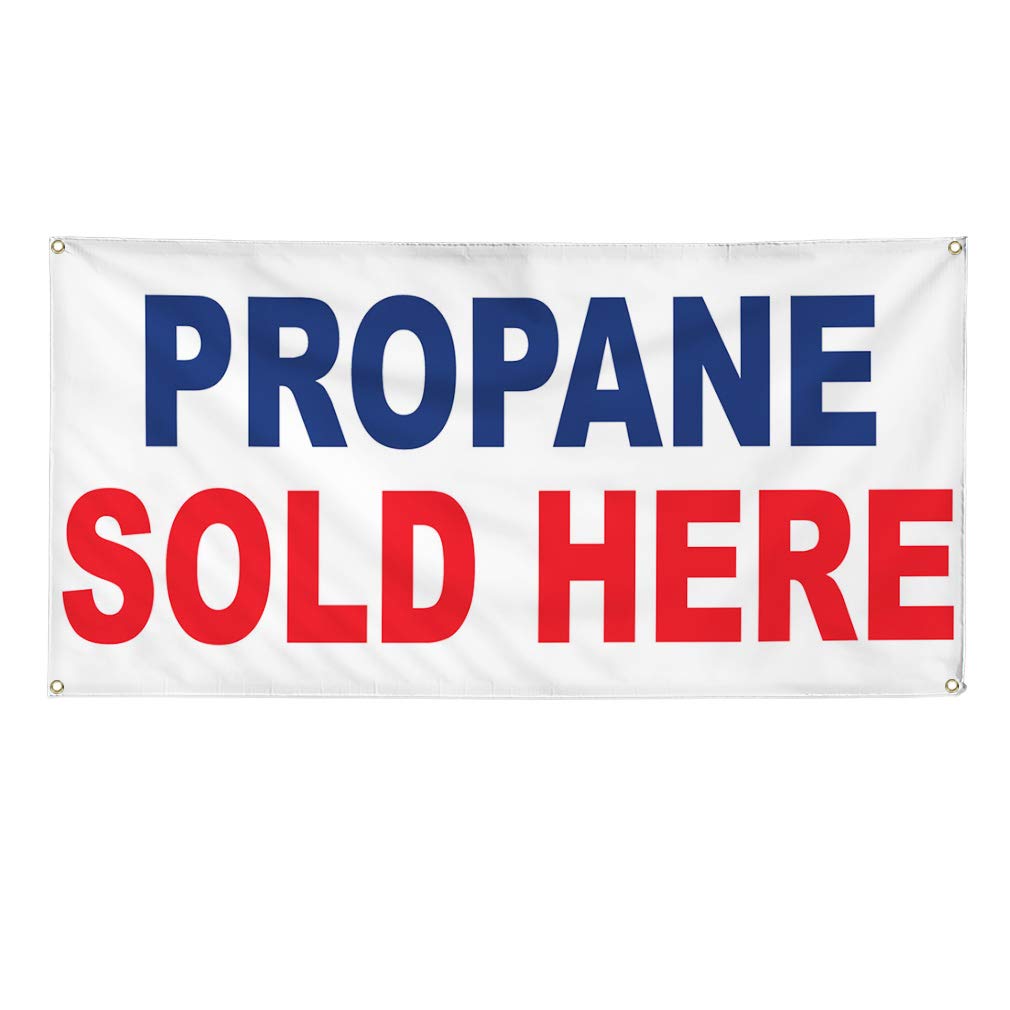 Vinyl Banner - Propane Sold Here Sign - Blue & Red Weatherproof Business Banner - 60x144 Inches with 10 Grommets - Outdoor Industrial Yard Sign for Gas Stations, Construction Sites & Retail Stores