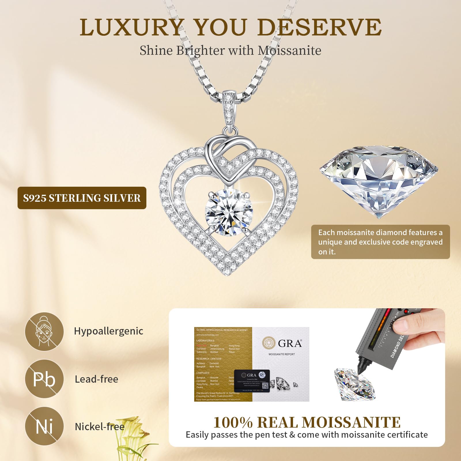 1-3CT D Color VVS Moissanite Heart Pendant Necklace in Sterling Silver - Perfect Anniversary, Birthday & Christmas Gift for Wife, Mom, Girlfriend | Elegant Jewelry for Women, Romantic Occasions & Special Moments