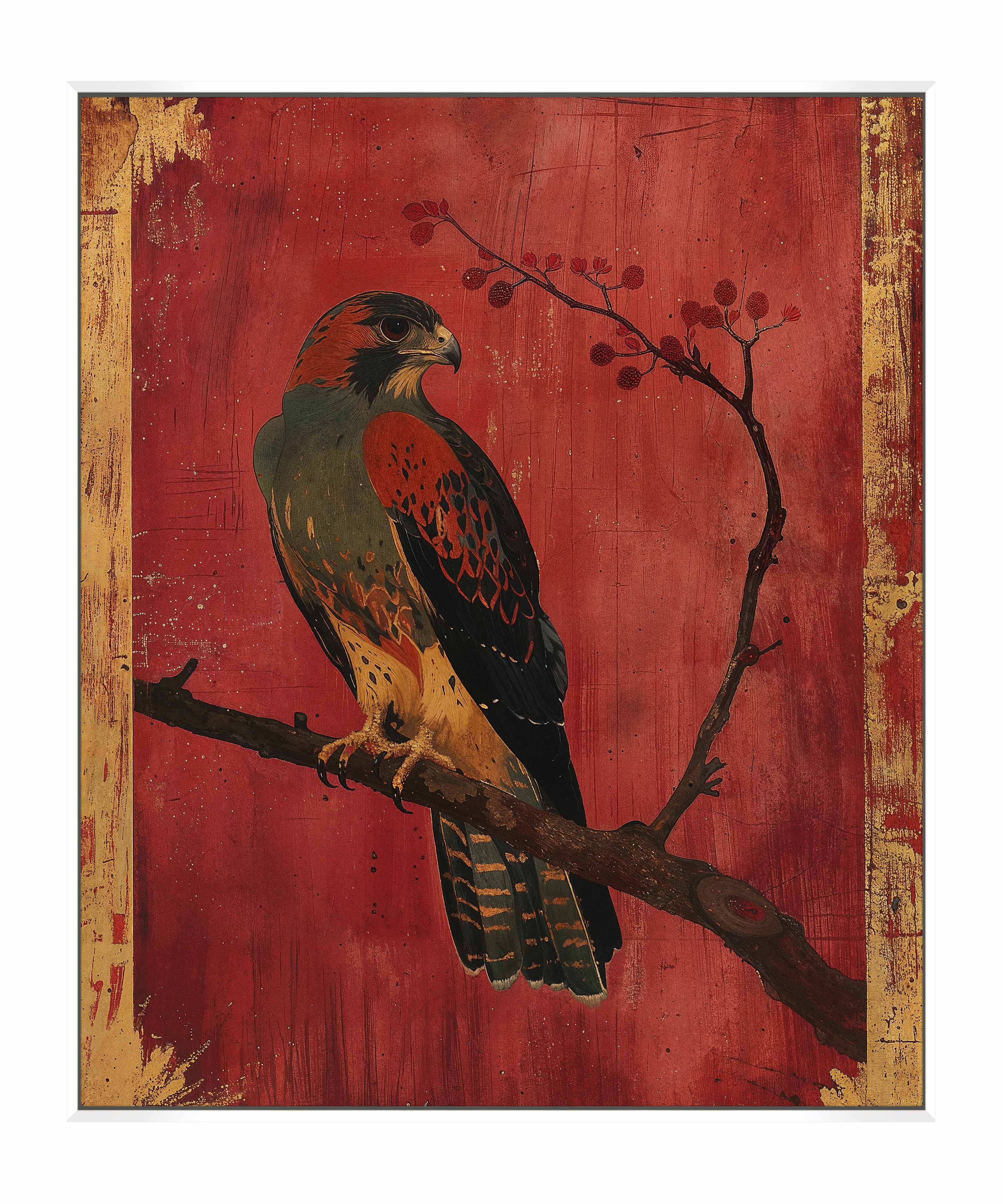 Crimson Majesty Falcon of the Silk Road Wall Art - Handmade Gallery Wrapped Canvas Painting for Living Room, Bedroom & Office Decor
