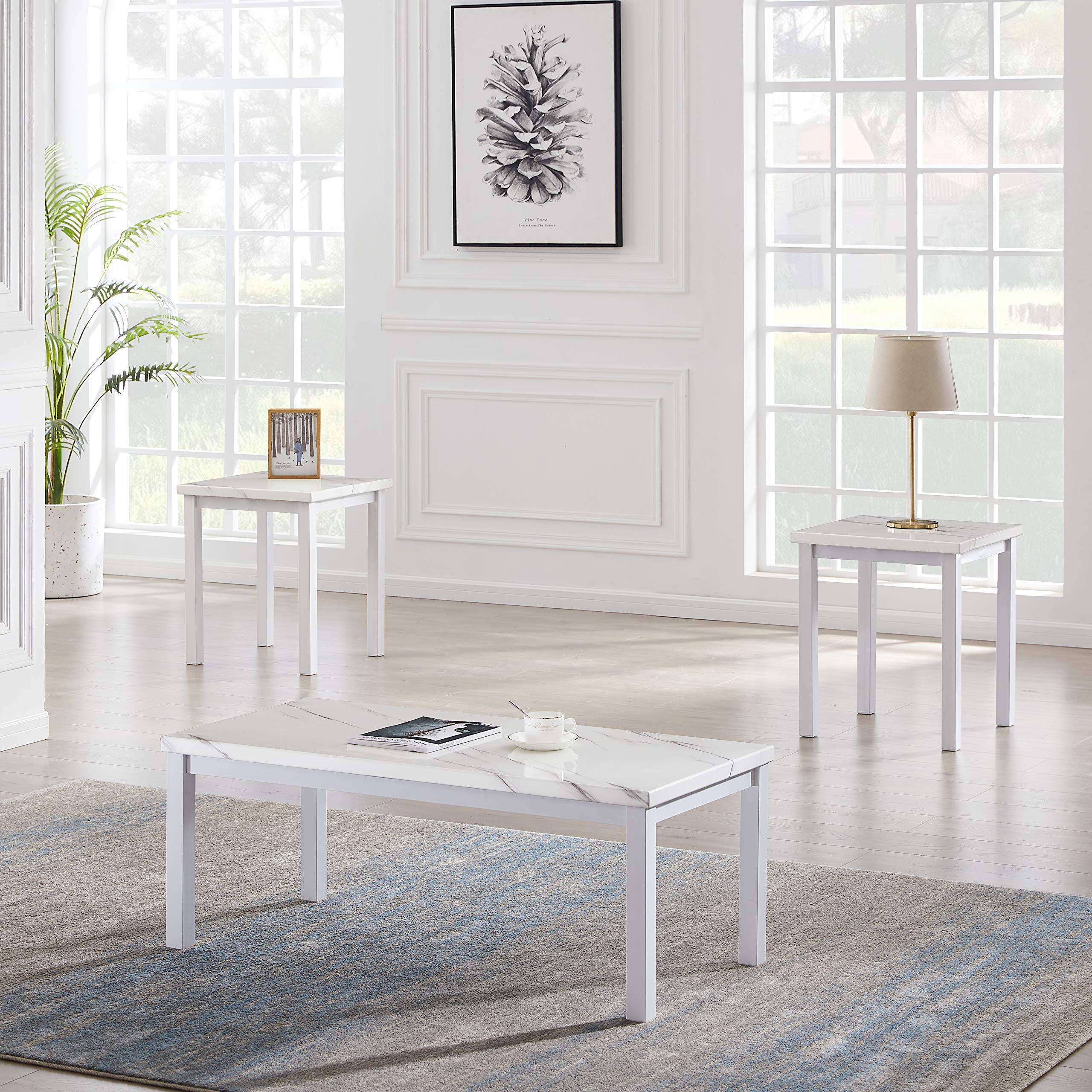 Stylish AWQM Faux Marble Coffee Table Set of 3 - White Metal Frame Accent & End Tables for Living Room Decor | Perfect for Small Spaces, Apartments & Modern Home Furnishing