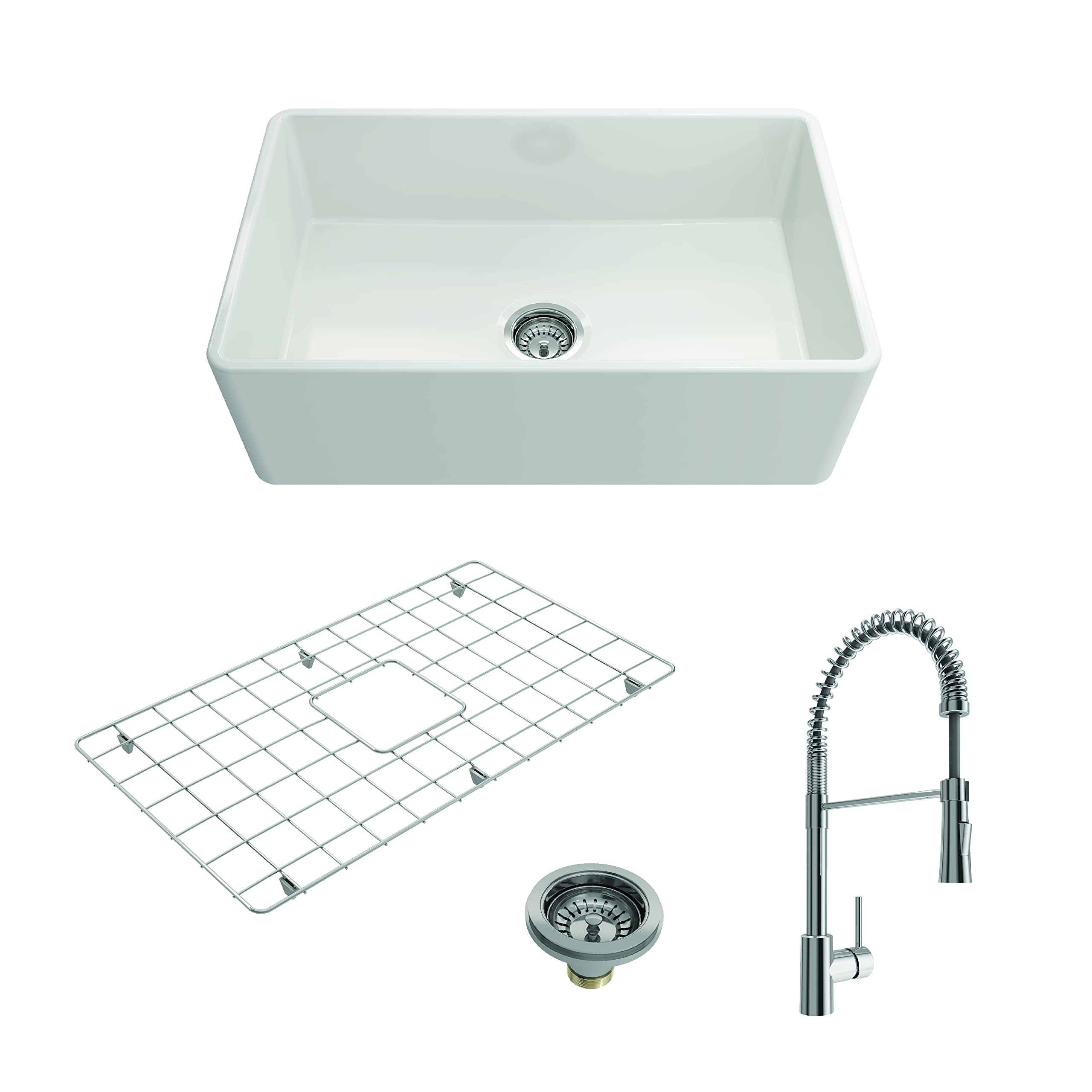 BOCCHI Classico White 30-inch Fireclay Apron Front Single Bowl Kitchen Sink with Bottom Grid, Strainer & Chrome Faucet - Durable Farmhouse Sink for Modern Kitchens, Restaurants & Outdoor Cooking Areas