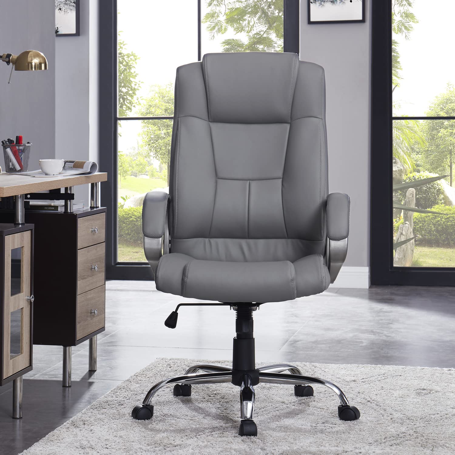 Naomi Home Ergonomic Office Chair - High Back Executive Desk Chair with Wheels, Adjustable Armrests & Lumbar Support, Height/Tilt Swivel Leather Computer Chair - Gray - Perfect for Home Office, Gaming & Workspace Comfort