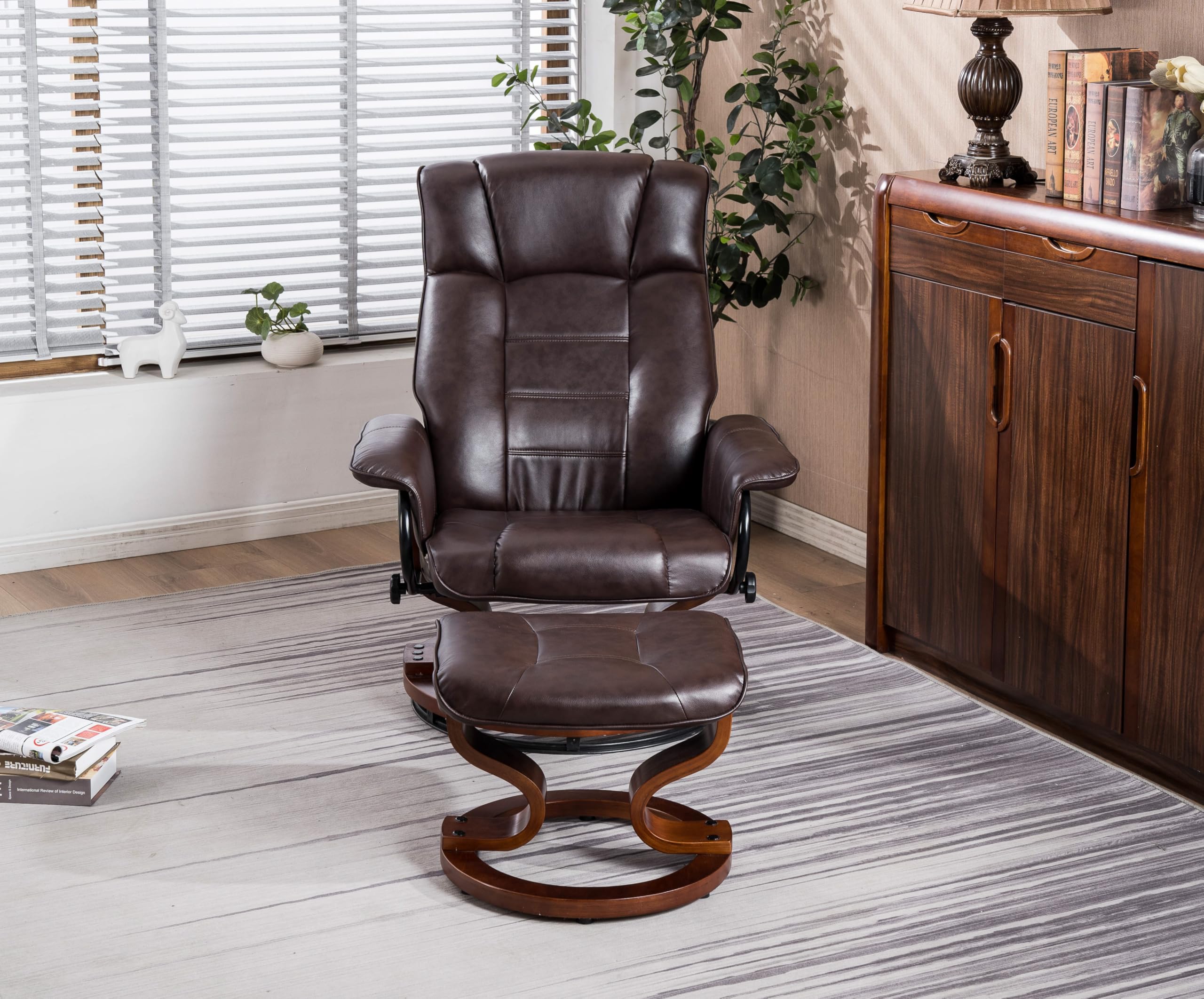 MCombo Manual Swivel Recliner Chair with Ottoman Set - Faux Leather Dark Brown Living Room Furniture for Small Spaces, RV, Bedroom & Office - Perfect for Relaxing, Reading & Watching TV