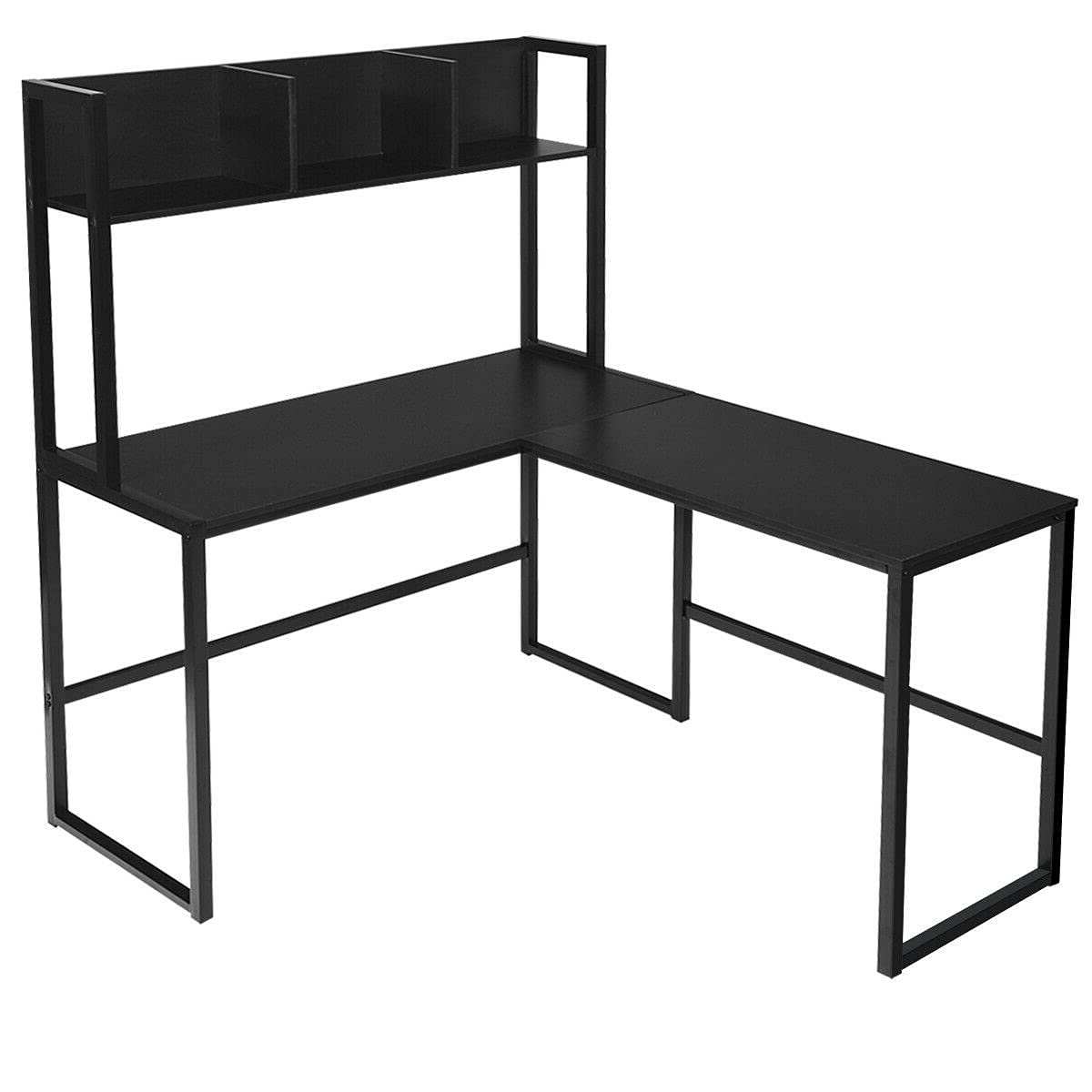 Black L-Shaped Corner Computer Desk with Open Storage Hutch & Bookshelf - Large Workstation for Laptop, PC, Gaming, Study & Office - Spacious Writing Table for 2-Person Simultaneous Work - Perfect for Home Office, Gaming Setup & Small Workspaces