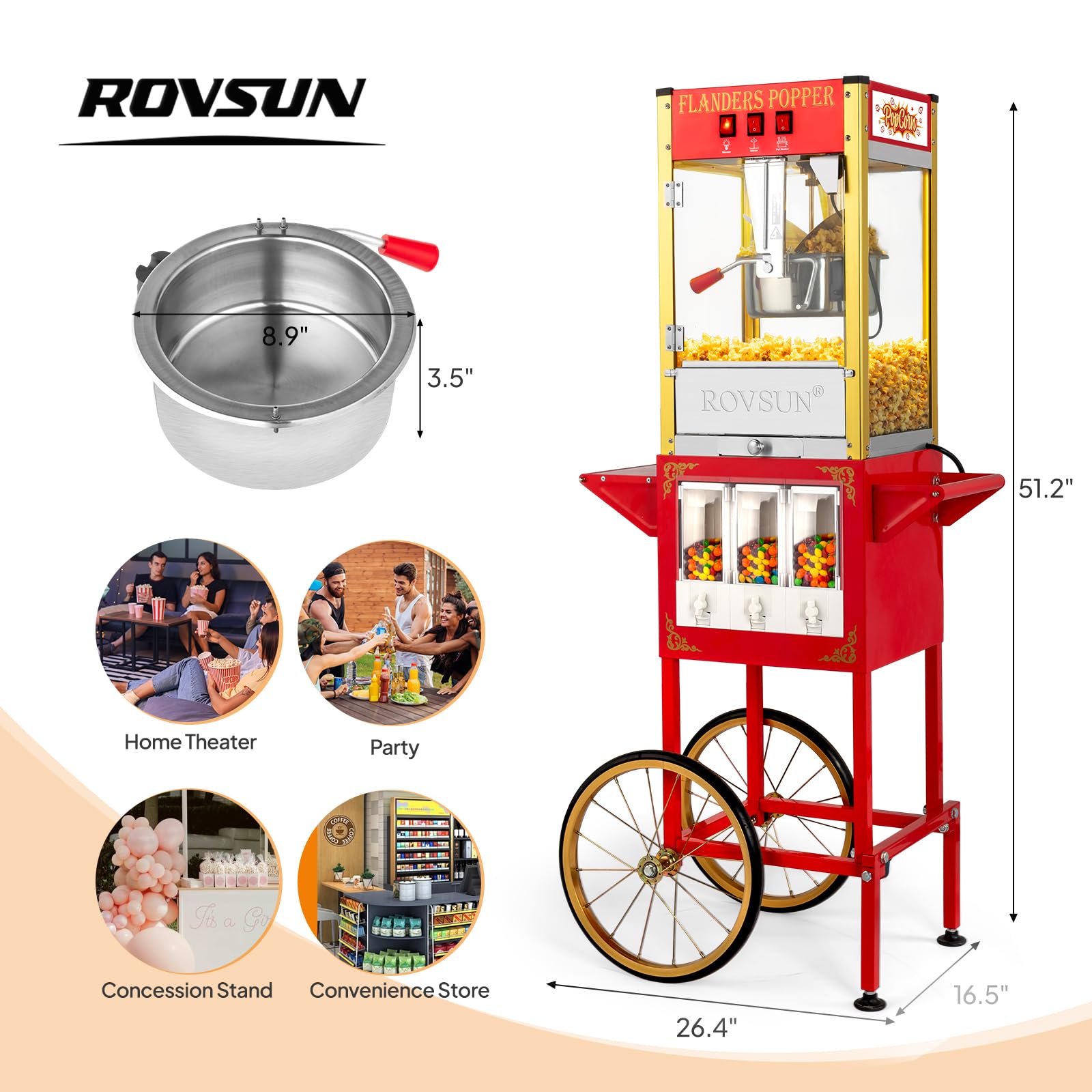 ROVSUN 8oz Commercial Popcorn Machine with Cart & Wheels - 850W Movie Theater Style Popcorn Maker for Home & Business Use, Includes Candy Dispenser, Scoop, Oil Spoon & 3 Popcorn Cups (Red) - Perfect for Movie Nights, Parties, Carnivals and Concession Stands