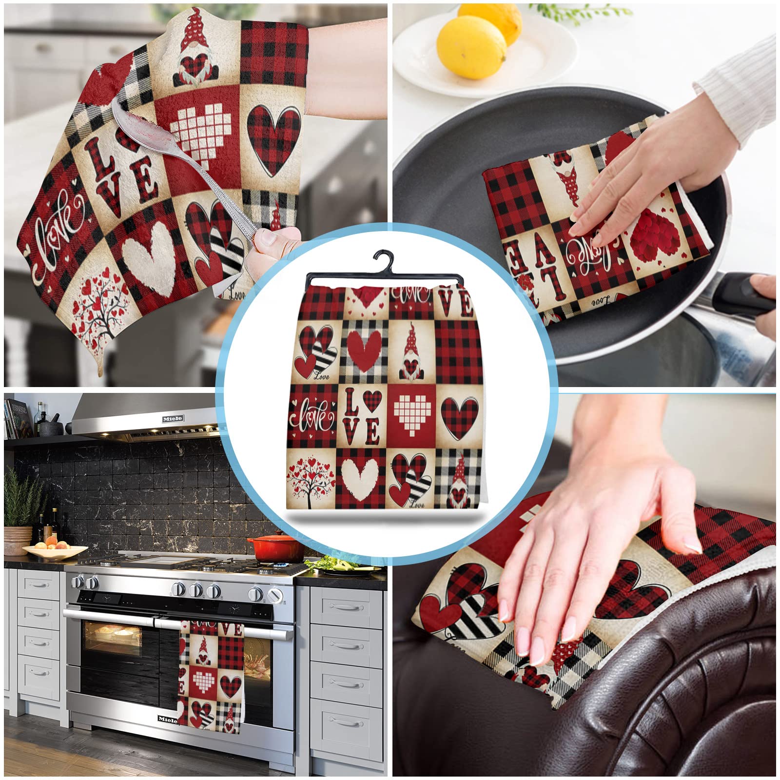 Premium Microfiber Kitchen Towels Set of 3 - Absorbent Dish Towels, Tea Towels & Bar Towels (18x28 Inch) - Valentine's Day Truck Gnome Love Heart Red Black Buffalo Plaid Design - Perfect for Kitchen Cleaning, Drying Dishes & Holiday Decor