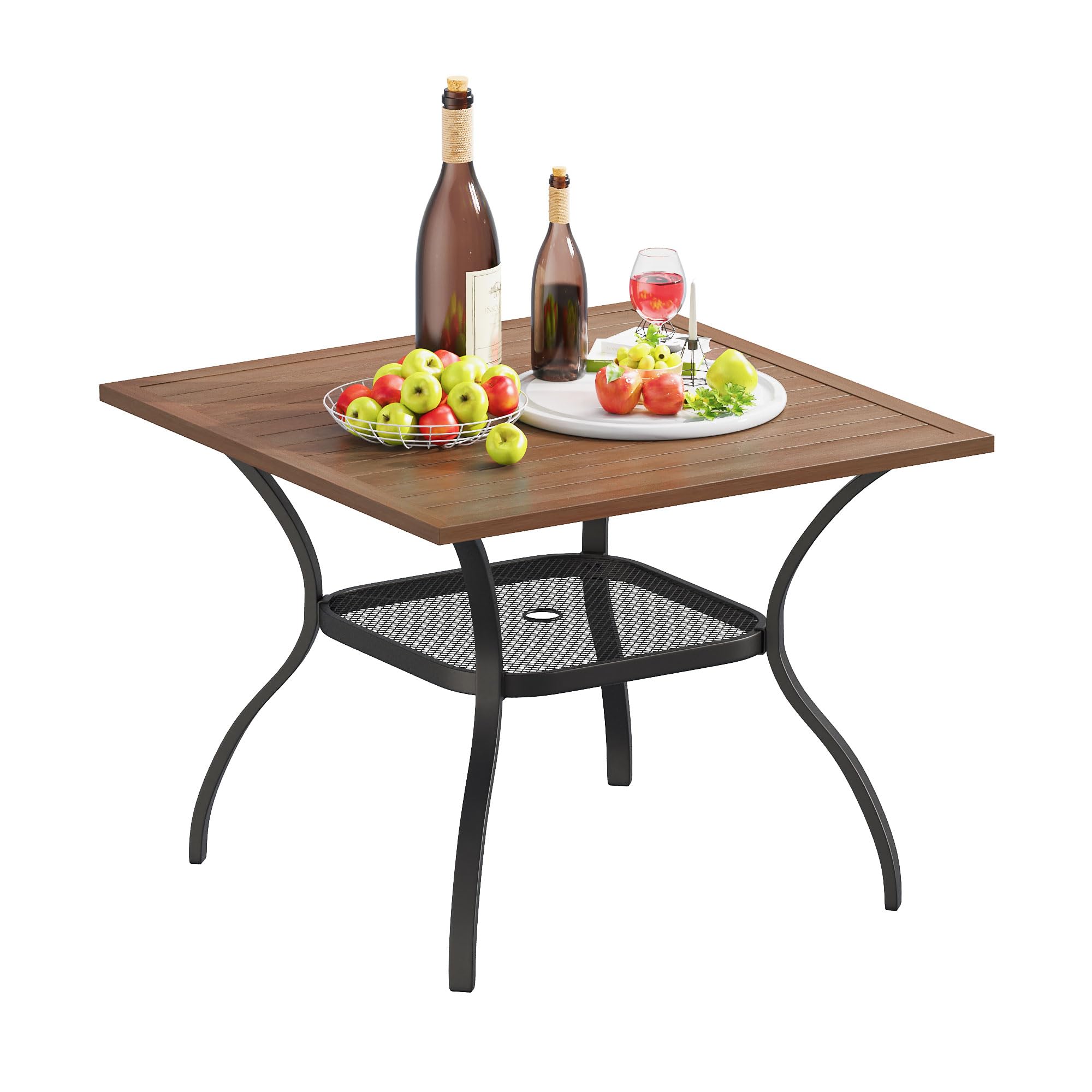VICLLAX 4-Person Outdoor Patio Dining Table - Square Metal Slatted Design with Storage Shelf & Umbrella Hole - Weather-Resistant Walnut Finish - Perfect for Backyard, Deck, Garden & Poolside Dining