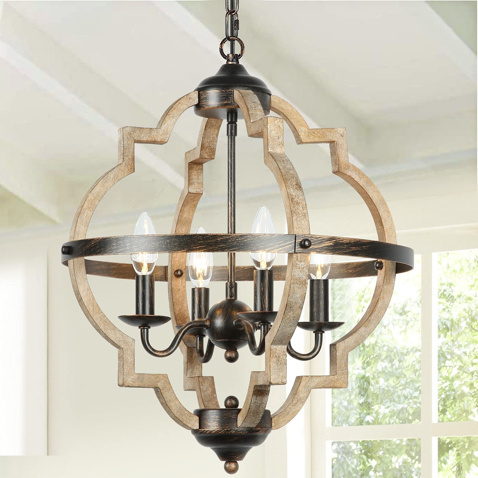 LAMPUNDIT 4-Light Orb Farmhouse Chandelier - Handmade Rustic Wood Ceiling Light Fixture with Stardust Finish - Vintage Brown Pendant Lighting for Dining Room, Living Room, Foyer & Kitchen | Perfect for Farmhouse, Cottage & Industrial Decor Styles