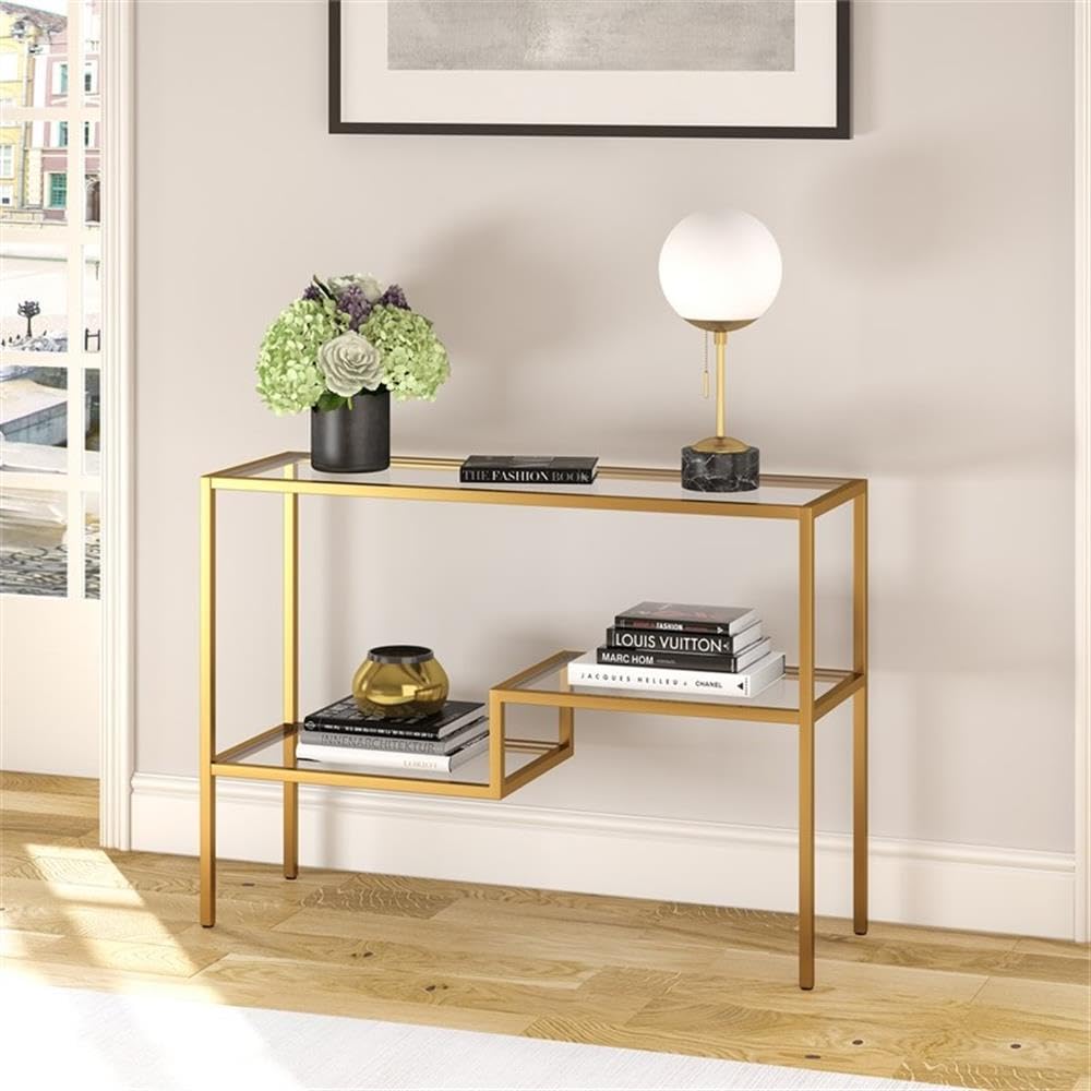 Henn&Hart 42 Inch Brass Metal and Glass Console Table - Elegant Entryway Sofa Table for Living Room, Hallway, or Dining Room Decor