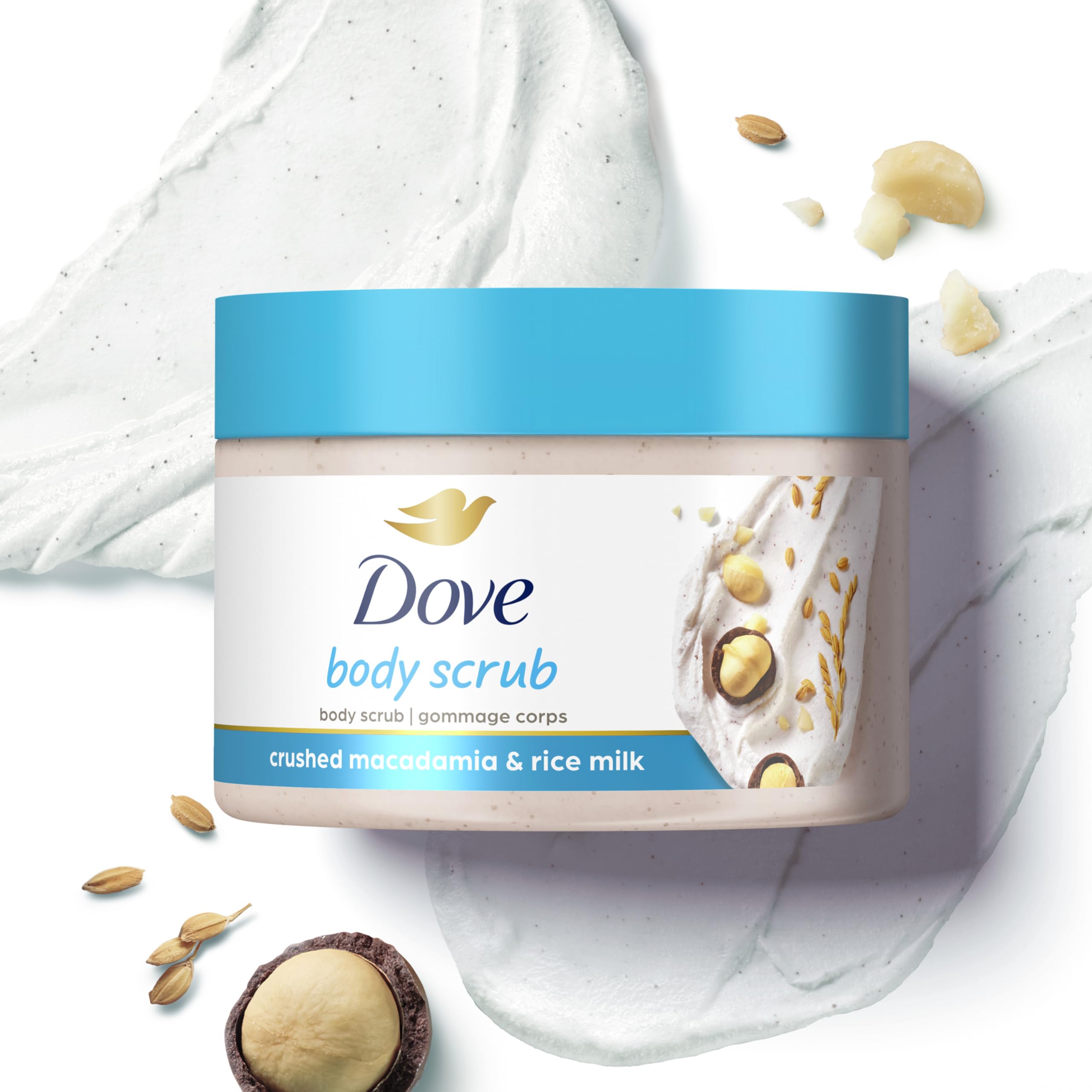 Dove Macadamia & Rice Milk Body Scrub 10.5 oz - Exfoliating & Nourishing for Visibly Smoother Skin - Perfect for Dry Skin Care & Spa Day at Home