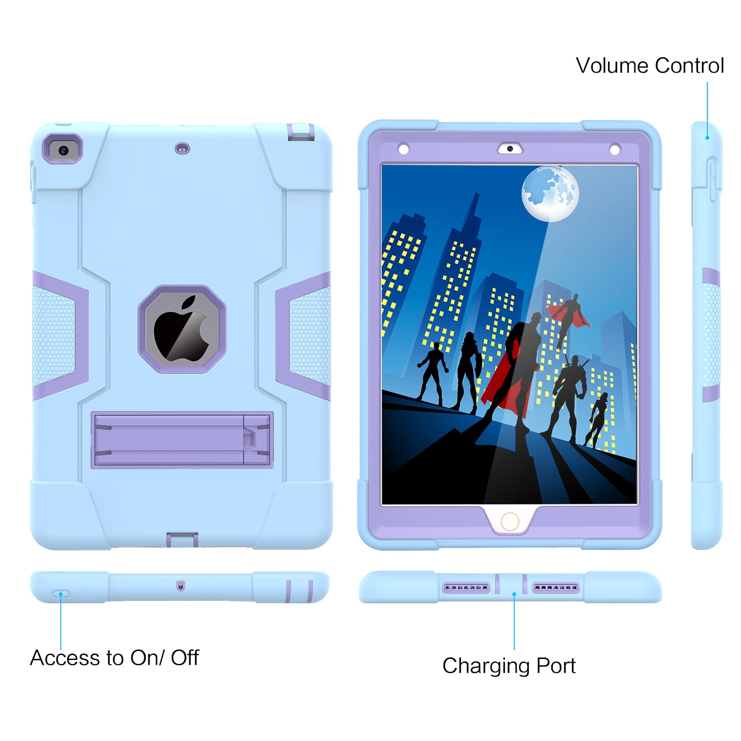 Shockproof Rugged iPad Case for 9th/8th/7th Gen 10.2-inch (2021/2020/2019) - Slim Heavy Duty Protective Cover with Built-in Stand, Sky Blue & Purple - Perfect for Travel, Work & School Use
