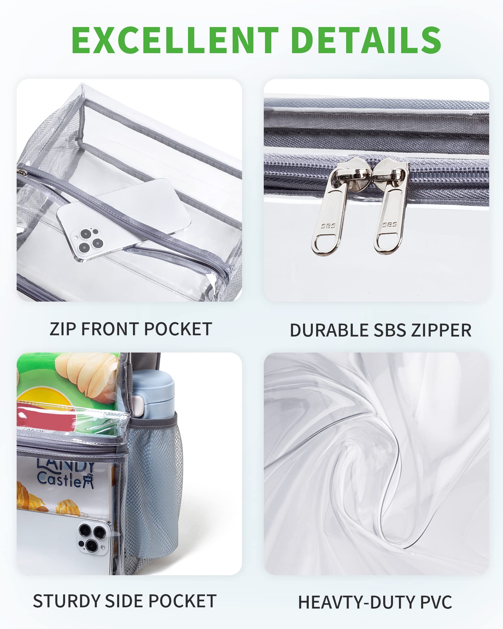 OEIPSMK Clear Tote Bag - 12x12x6 Stadium Approved Clear Crossbody Lunch Bag for Sports, Concerts, Work & College - Black, Gray (One Size) | Perfect for Stadium Security Checks, Beach Days & Gym Essentials