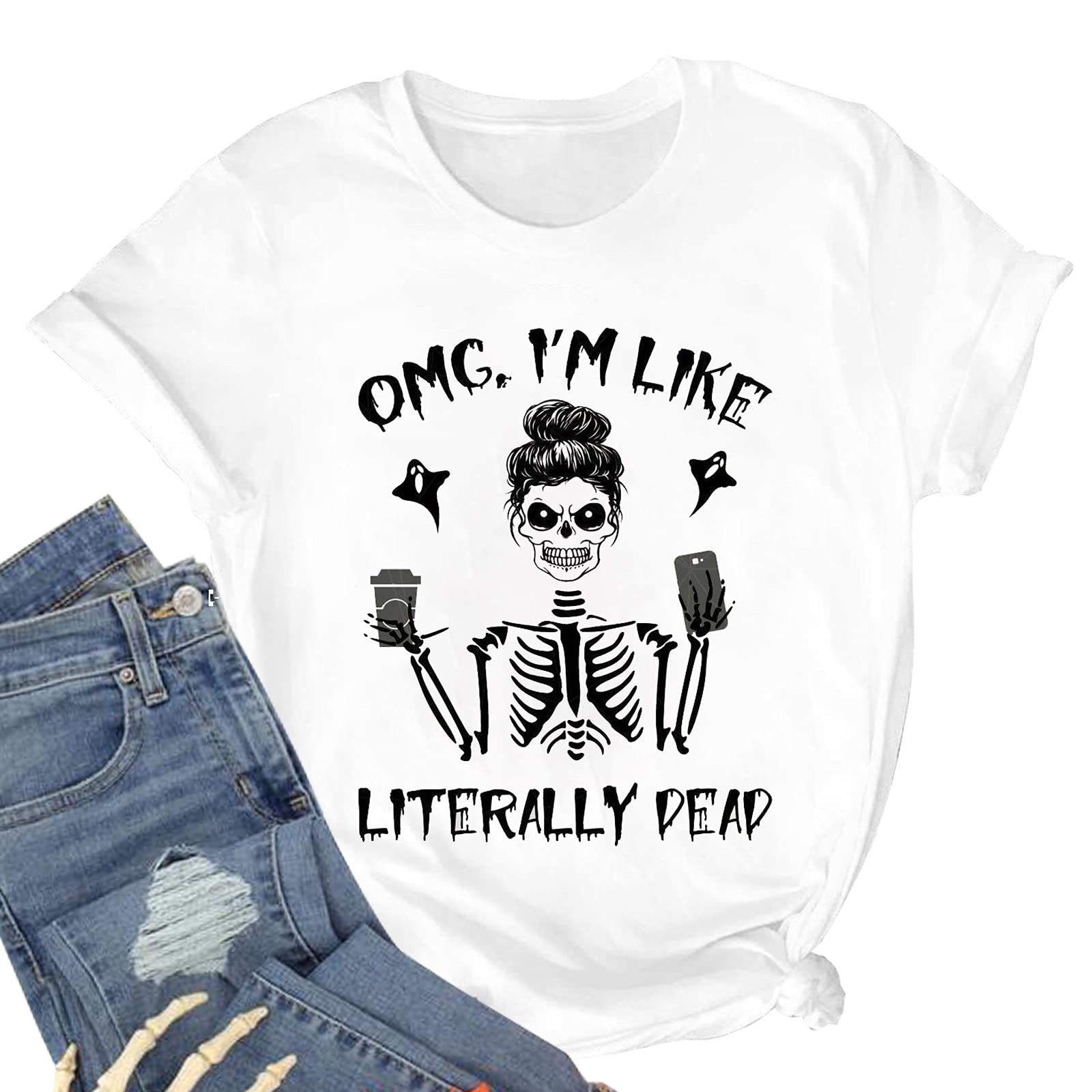 Women's Halloween Horror Skull Graphic T-Shirt - Short Sleeve Costume Tee for Halloween Party & Cosplay