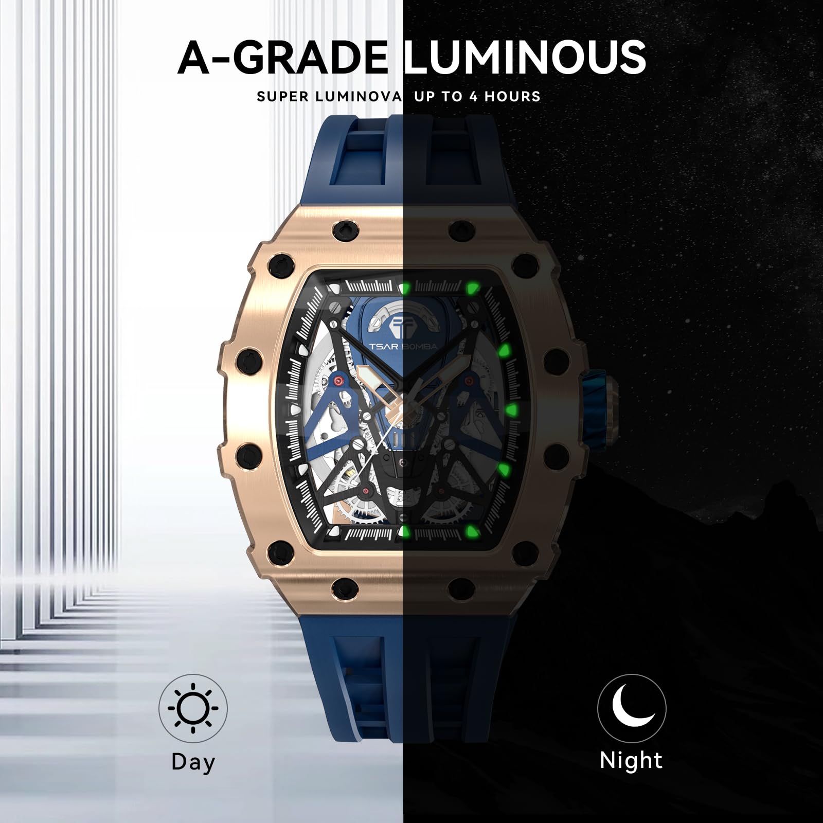 TSAR BOMBA Luxury Men's Watch - 50M Waterproof Tonneau Chronograph with Silicone Band & Mechanical Movement - Perfect for Business, Casual Wear & Gifts for Him