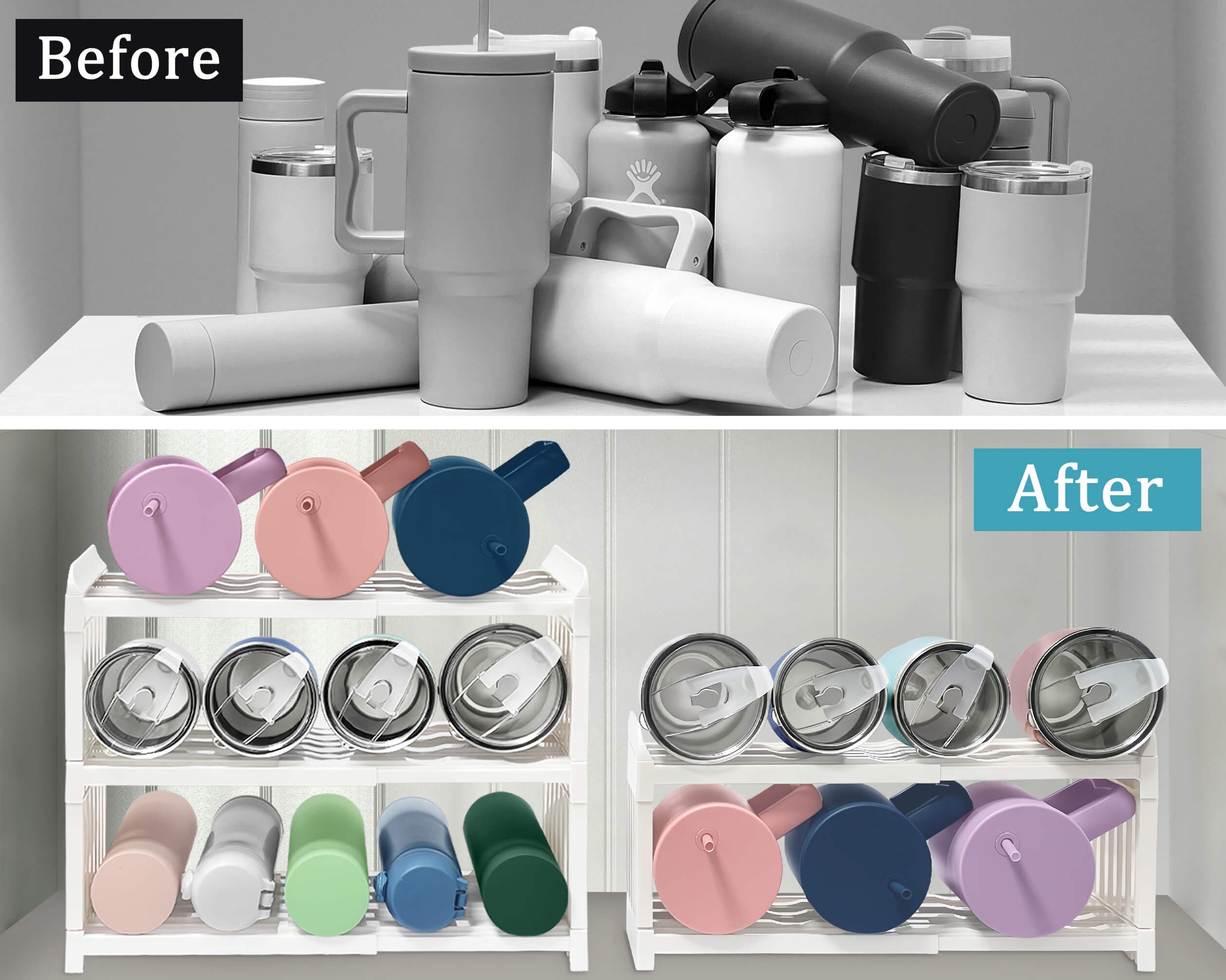 3-Tier Extendable Water Bottle Holder - Space Saving Kitchen Organizer for Tumbler, Mug & Cup Storage | Perfect for Pantry, Cupboard & Countertop Organization