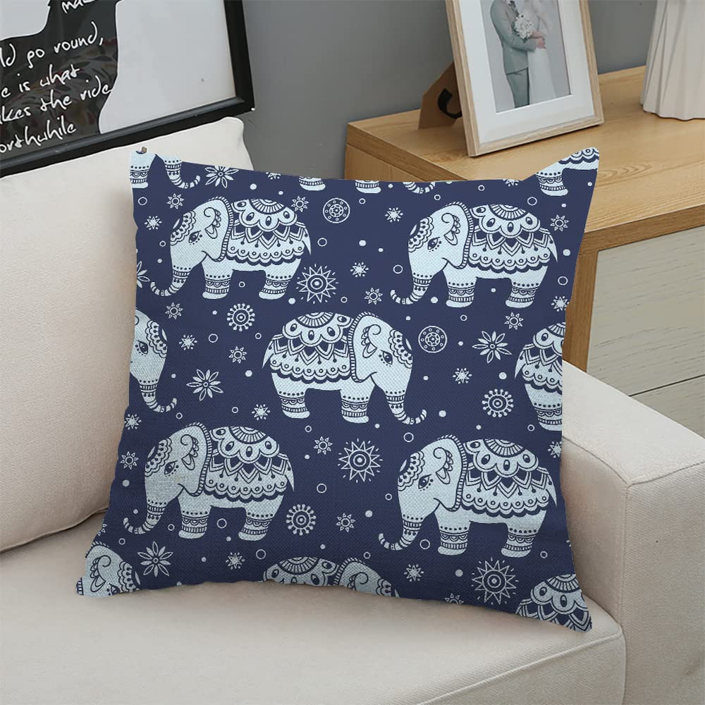Indian Elephant Design Decorative Square Throw Pillow Covers 18x18 Inch - Bohemian Sofa Cushion Cases for Living Room, Bedroom & Outdoor Decor