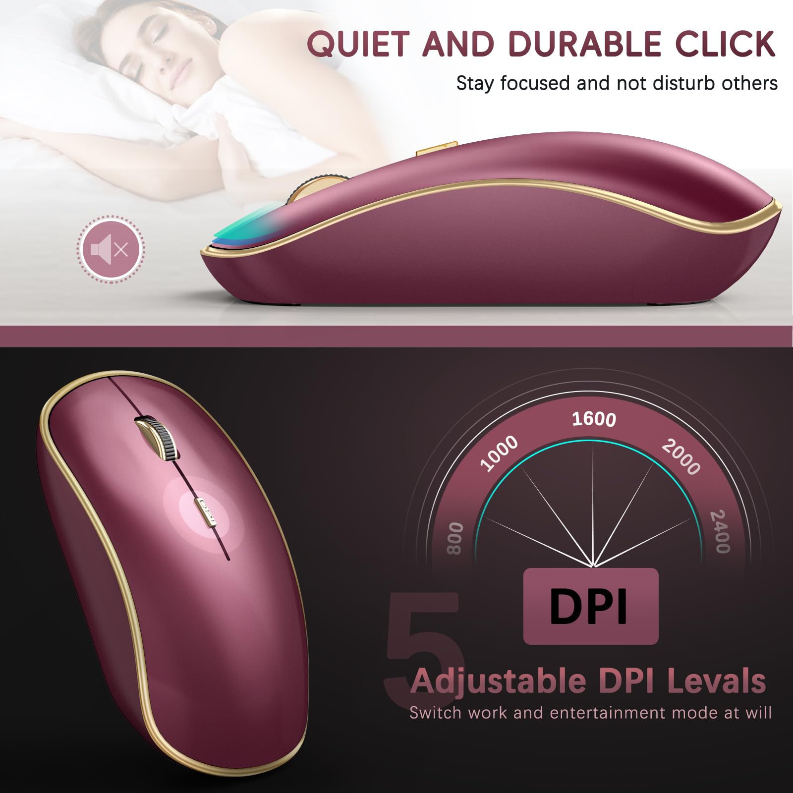 JOYACCESS 2.4G Wireless Keyboard and Mouse Combo - Slim Ergonomic Full-Size Portable Design for Laptop PC Windows Mac - Wine Red & Gold - Perfect for Home Office Gaming and Remote Work
