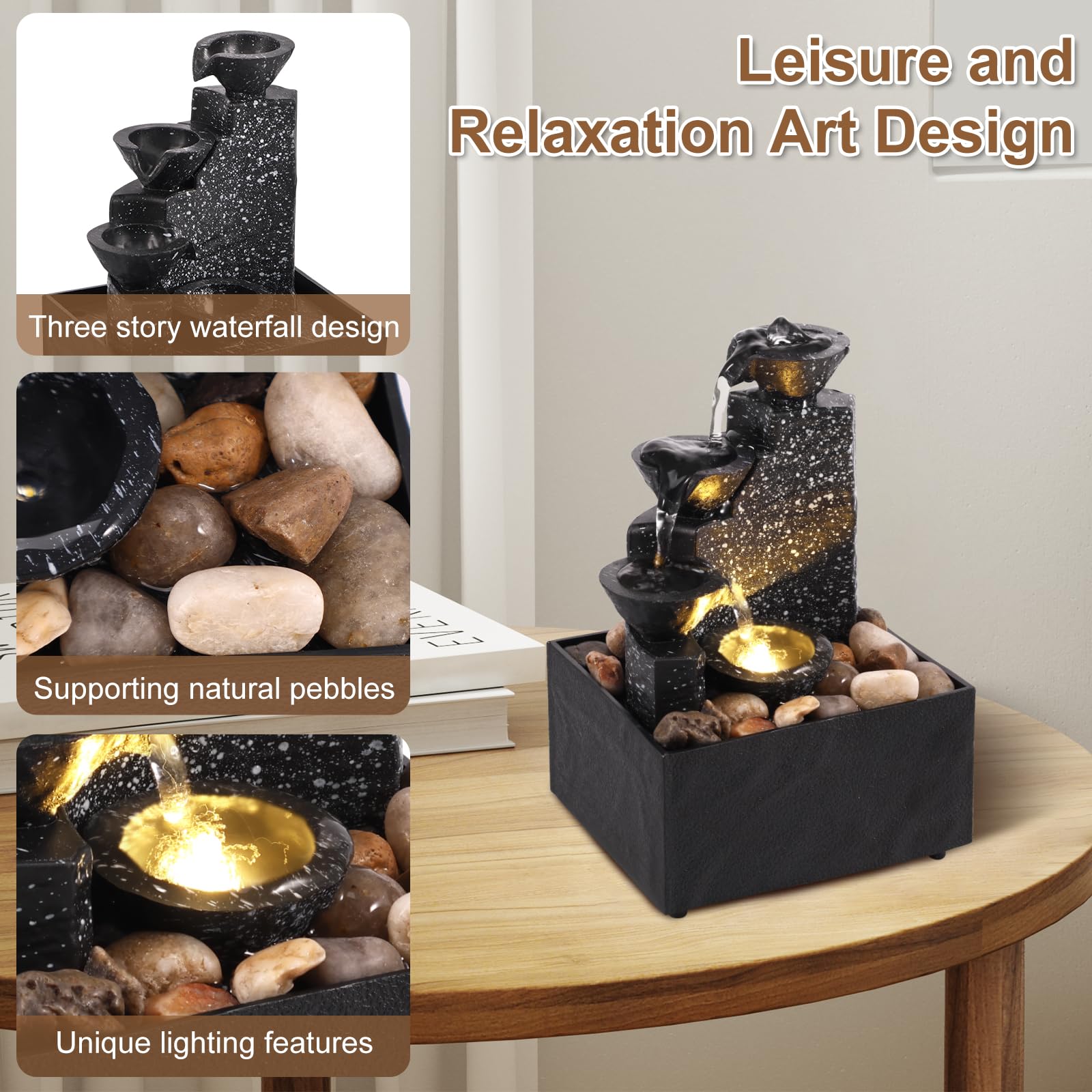Relaxing Tabletop Waterfall Fountain with LED Lights for Home & Office Decor