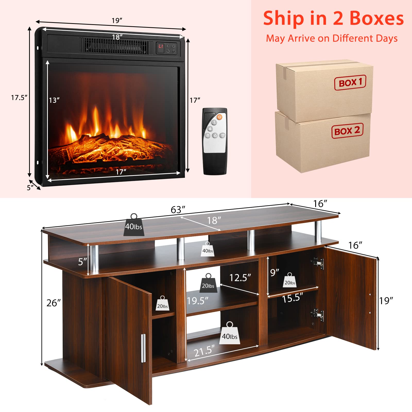 Tangkula 70 Inch Fireplace TV Stand with 18