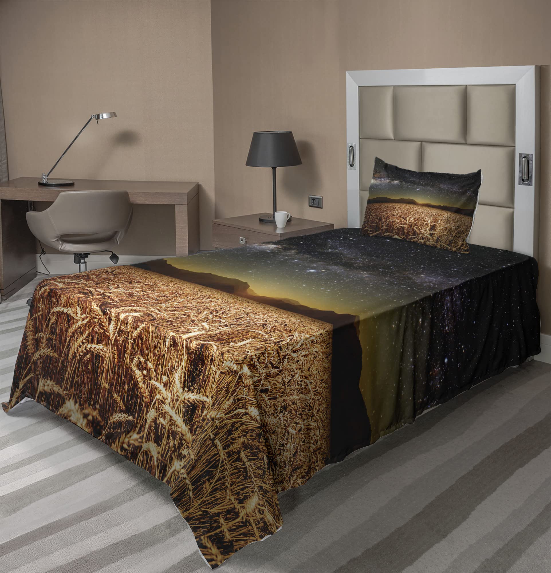 Ambesonne Space Themed Bed Sheet Set - Wheat Field Meadow Under Star Clusters Twilight Harvest Art Print, 3-Piece Twin Size (Fitted Sheet, Flat Sheet & Pillowcase) in Tan Grey - Perfect for Astronomy Lovers' Bedrooms, Dorm Rooms or Space-Themed Decor