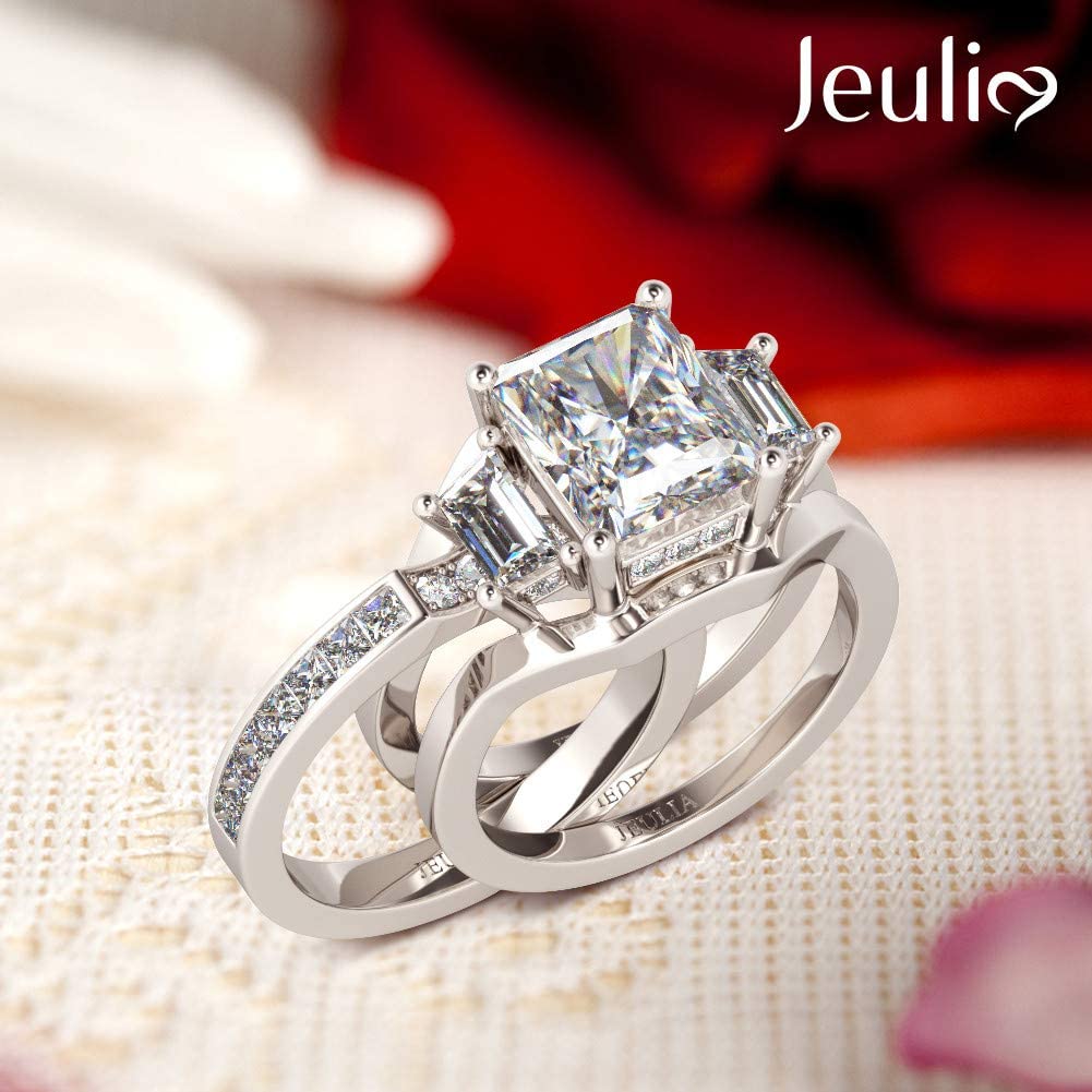 Jeulia 5 Carat Three Stone Engagement Ring Set - Sterling Silver Cubic Zirconia Wedding Band with Side Stones | Interchangeable Bridal Promise Rings for Women | Perfect for Proposals, Anniversaries & Special Occasions | Includes Jewelry Gift Box