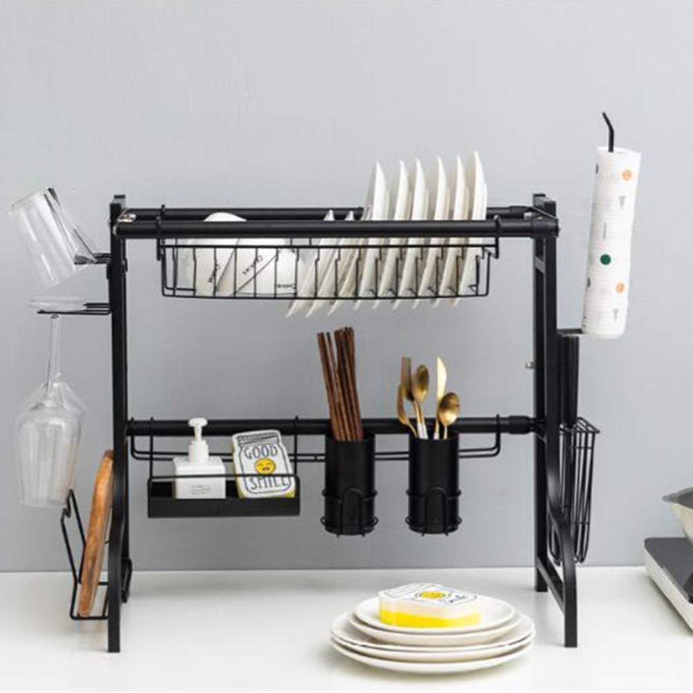 Stainless Steel Adjustable Dish Drying Rack for Kitchen Sink | Expandable Length 60-80cm (23.6-31.5in) | Includes Cup & Paper Towel Holder | Space-Saving Utensil Organizer | Perfect for Small Kitchens & Apartments | Black