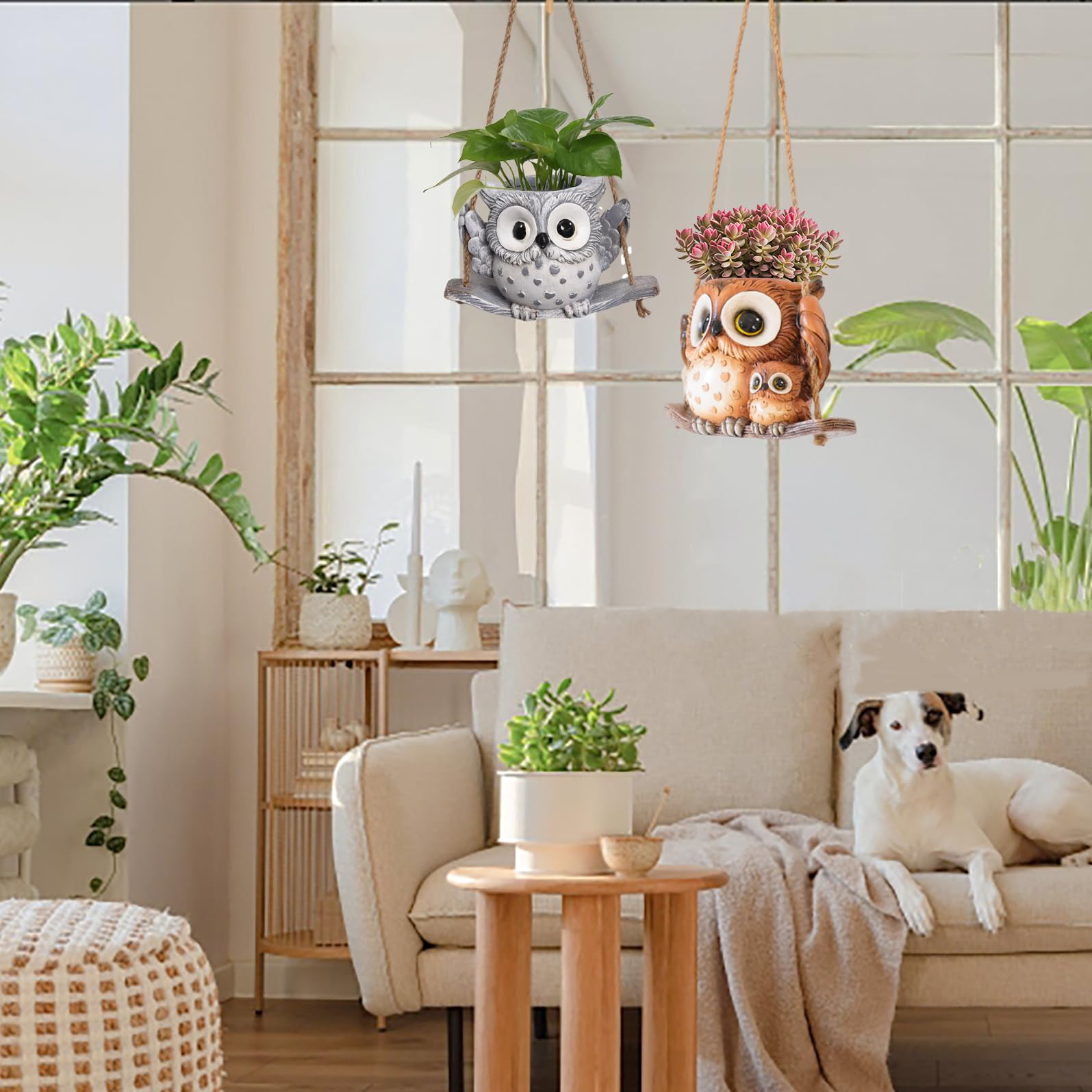 Swing Owl Hanging Planters for Indoor & Outdoor Plants - Small Succulent Pots with Drainage Hole - Unique Resin Plant Hangers for String of Pearls - Perfect Mother's Day Gift for Home Decor, Garden, Balcony & Patio
