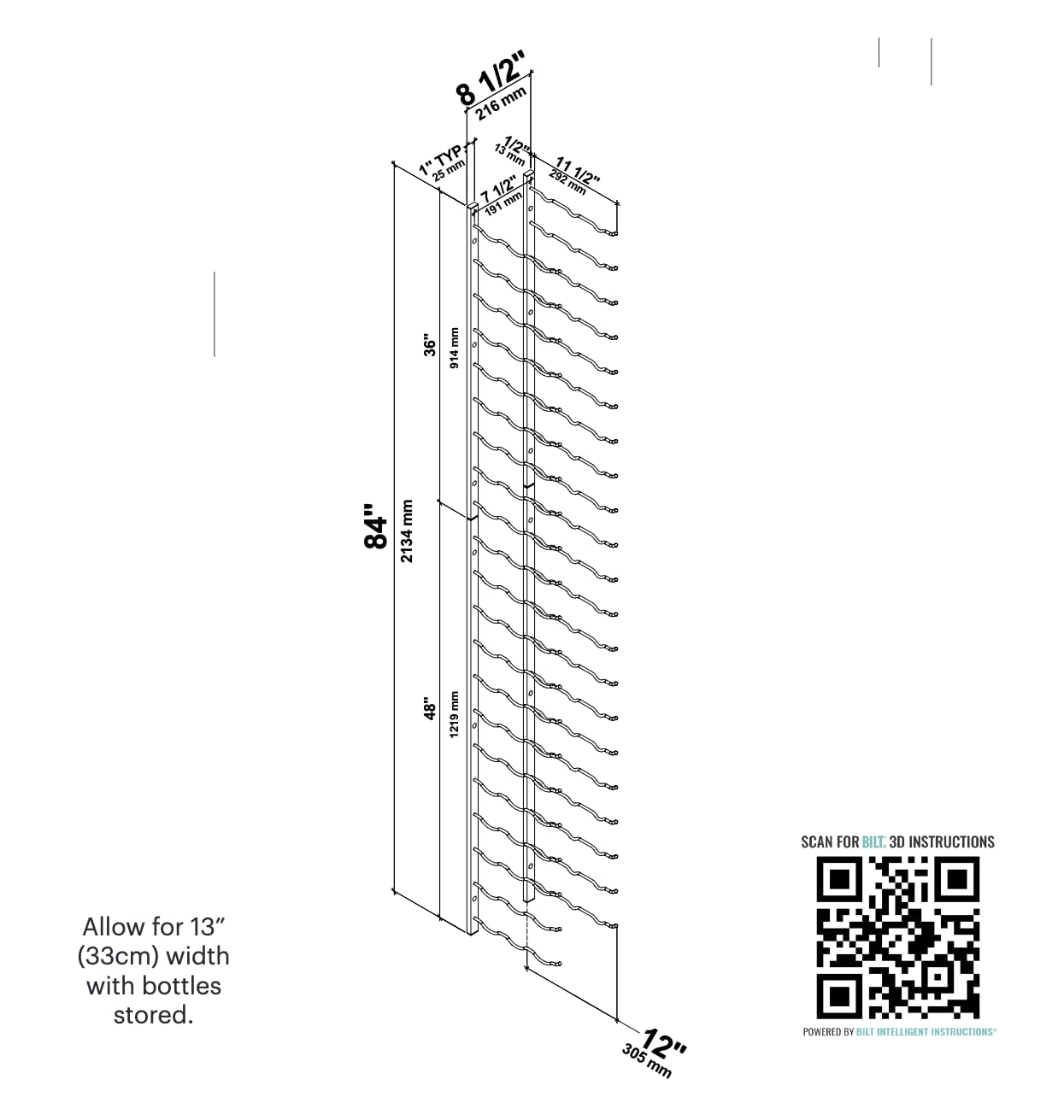 W Series Pro 7-Bottle Wall Mounted Wine Rack - Brushed Nickel Metal Wine Storage Shelf - Space Saving Modern Design for Kitchen, Dining Room or Bar - Holds 63 Bottles - Easy Access Home Organization Solution