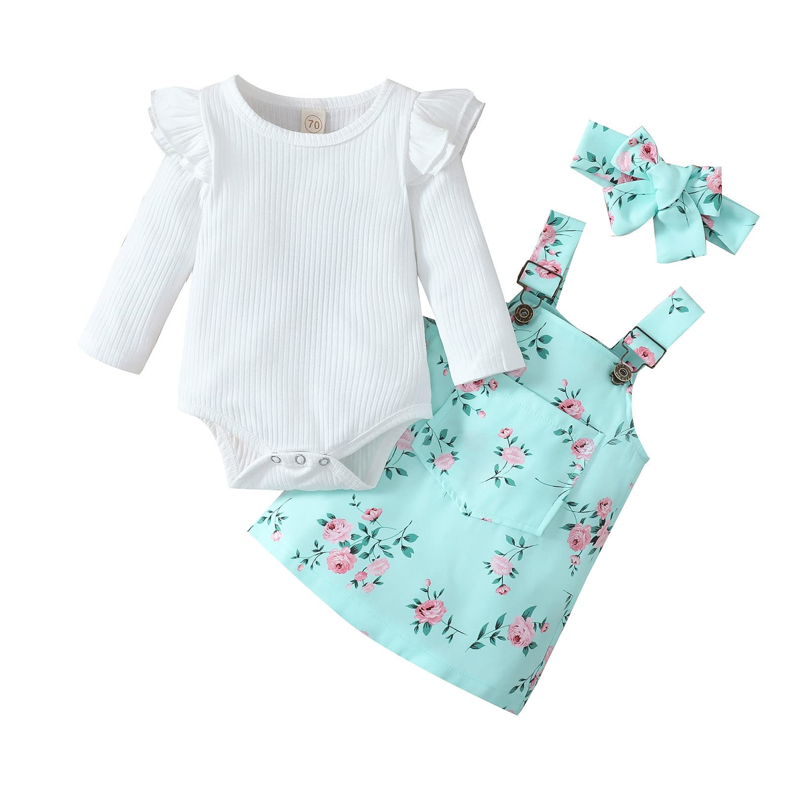 Moonker Baby Girl Long Sleeve Ribbed Romper Bodysuit with Floral Print, Suspenders & Headband - Cute Outfit Set for Newborns, Infants & Toddlers - Perfect for Family Photos, Birthday Parties & Daily Wear