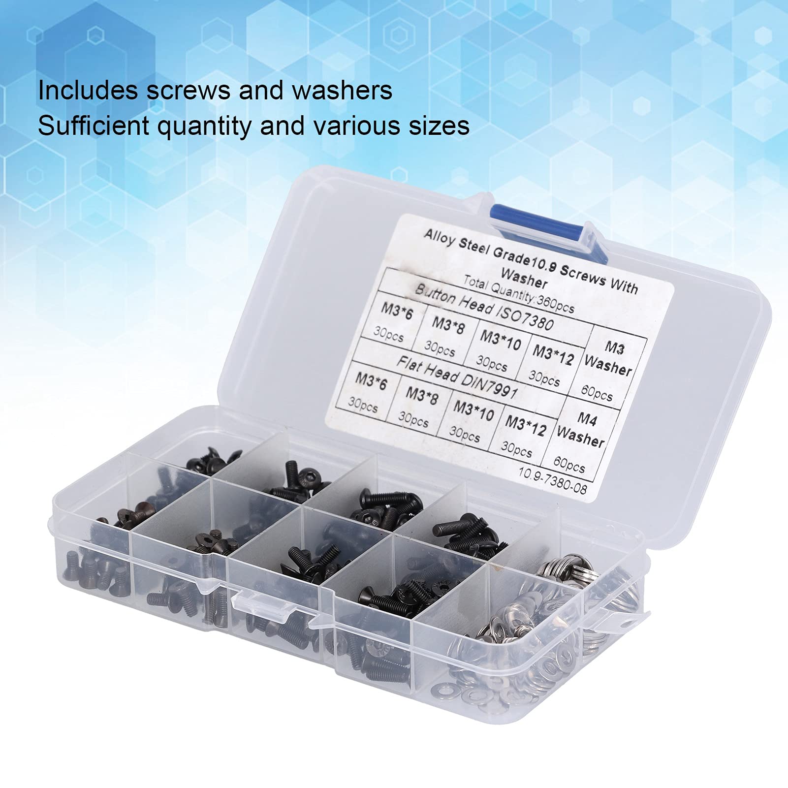 M3 Countersunk Screws Assortment Kit - 240Pcs Hex Socket Head Screws with 120Pcs Washers | Hardware Fasteners for Mechanical Repair, Electronics Disassembly & DIY Projects | Perfect for Furniture Assembly, Automotive Maintenance & Home Improvement