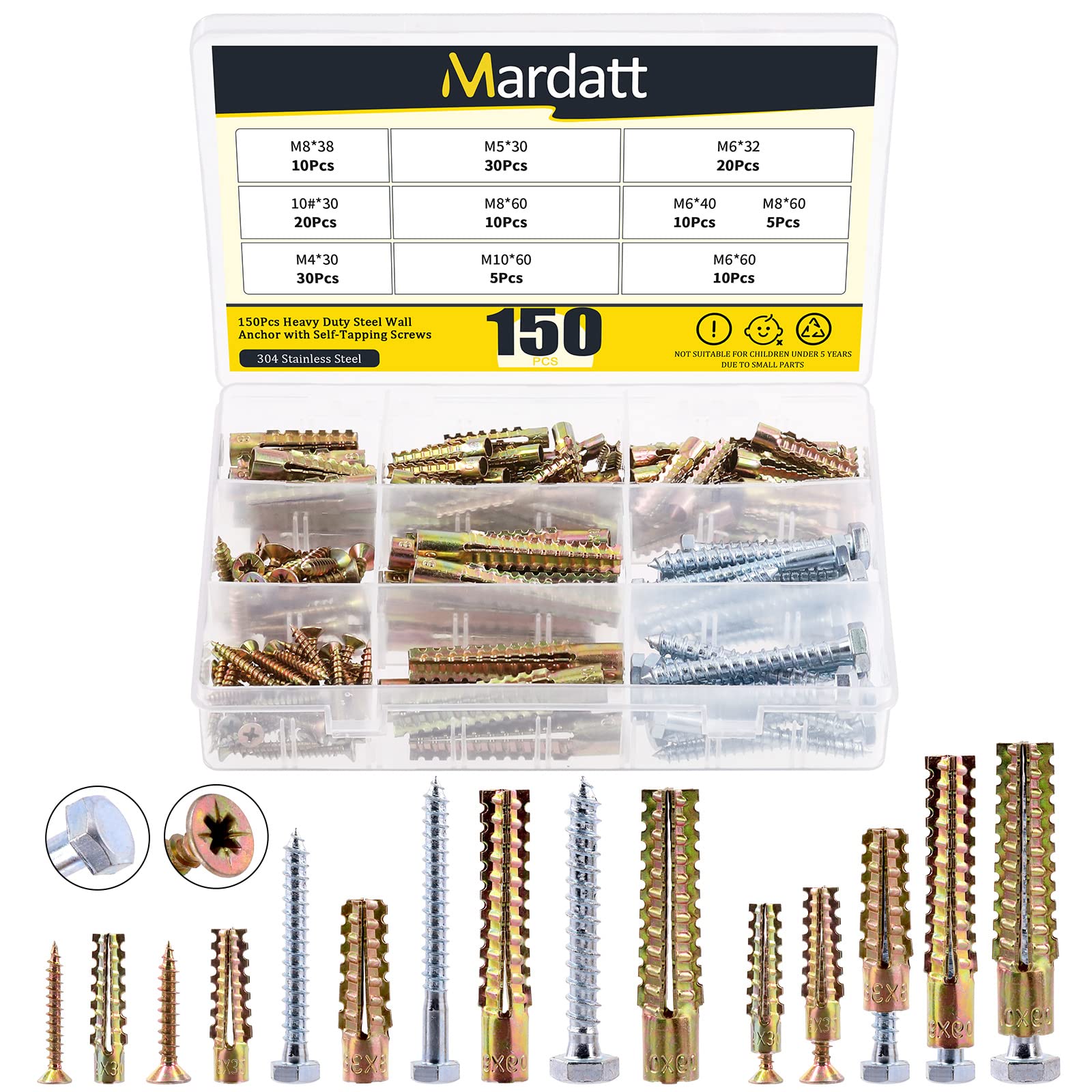 150Pcs 5 Sizes Drywall Anchors Kit - Tree Shaped & Hex Lag Screws Expansion Anchors for Concrete, Hollow & Wood Walls - Perfect for Hanging Shelves, Pictures & Home Decor