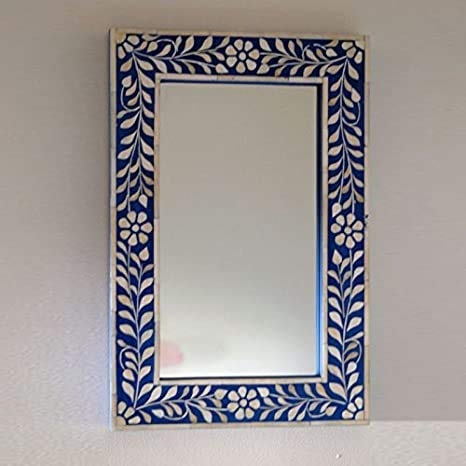 Vintage Wall Decorative Mirror Frame - Handmade Antique Rustic Bone Inlay Floral Design | Blue Wooden Inlay Furniture for Home Decor | Perfect for Living Room, Bedroom & Entryway Wall Decor | Ashley Furniture Style