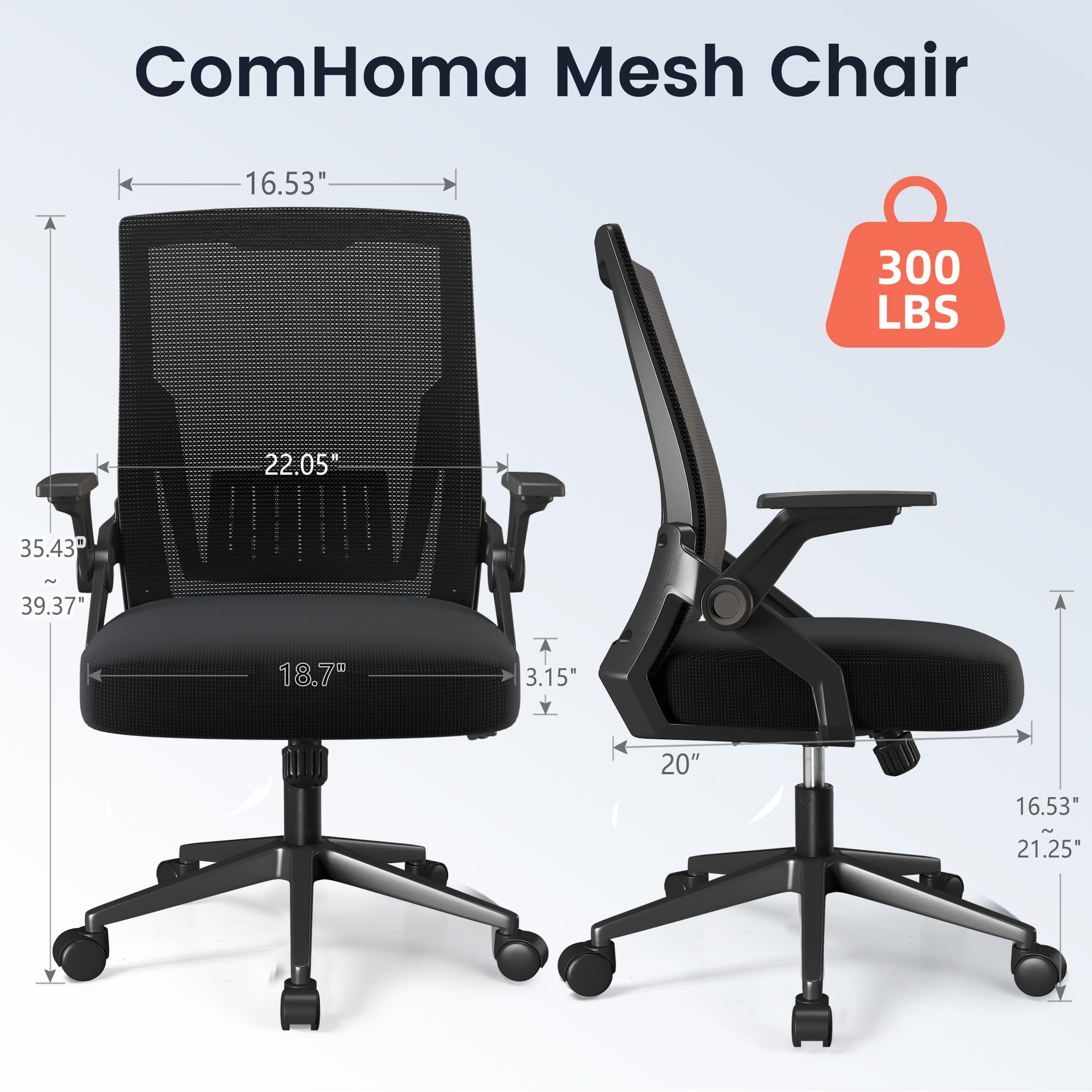 Ergonomic Office Chair with Flip-Up Armrests & Lumbar Support - Adjustable Computer Desk Chair for Home Office, Black (20