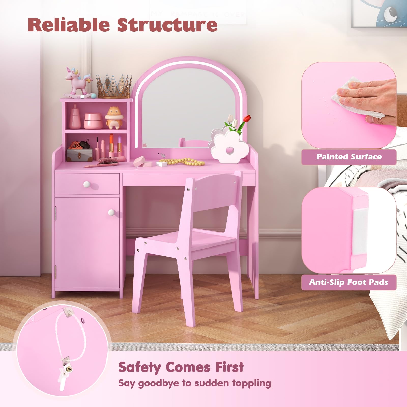 GOFLAME Kids Vanity Set with Lighted Mirror - Toddler Makeup Dressing Table & Chair Set with Shelves, Drawer & Cabinet - Pretend Play Vanity with 2-Color LED Lights - Perfect for Princess Themed Bedroom & Birthday Gifts (Pink)
