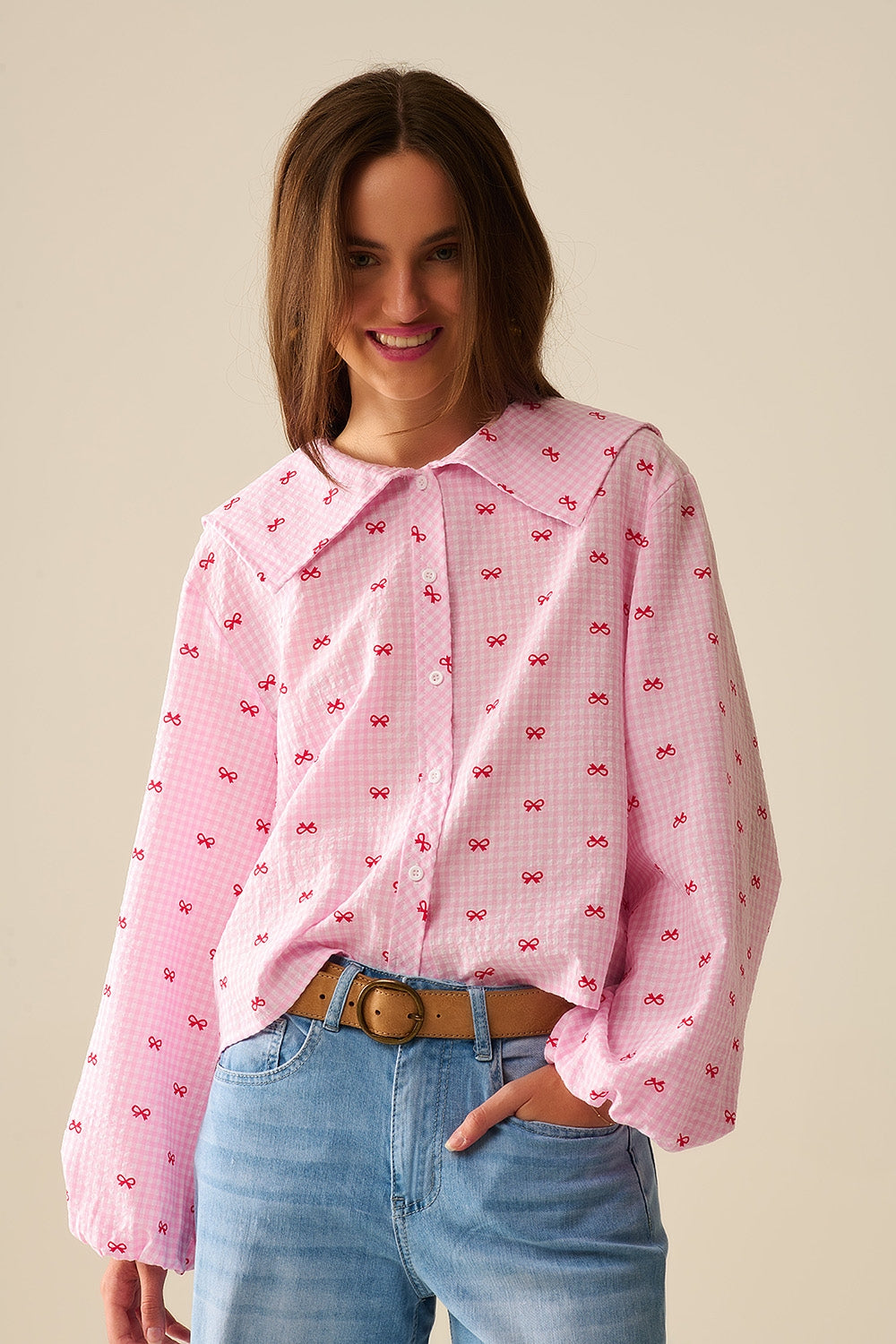 Claudine Collar Vichy Rose Print Blouse with Bow Knots - Perfect for Office Wear, Casual Outfits, and Spring Summer Fashion