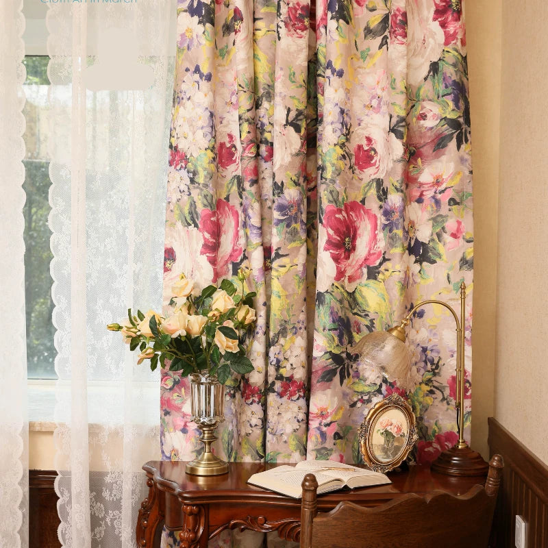 Custom French Botanical Canvas Blackout Curtains for Bedroom & Living Room - Elegant Floral Print Window Treatments for Light Blocking & Privacy
