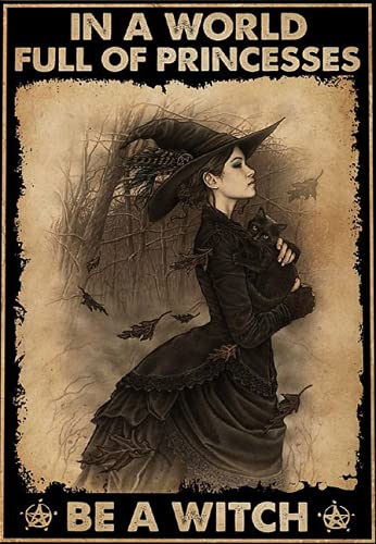 Vintage Witch & Black Cat Metal Tin Sign 8x12 Inches - Retro Wicked Witch with Broomstick Wall Decor - Perfect for Halloween, Gothic Home, Bar & Cafe Decor