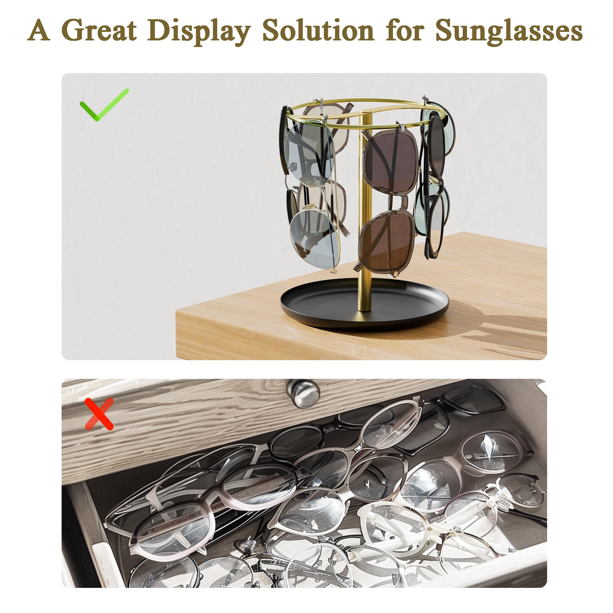 Premium Gold Sunglass Holder & Organizer - Sturdy Eyeglass Display Stand with Storage Tray for Multiple Sunglasses & Glasses | Perfect for Home, Office, Retail Store Display and Travel Organization