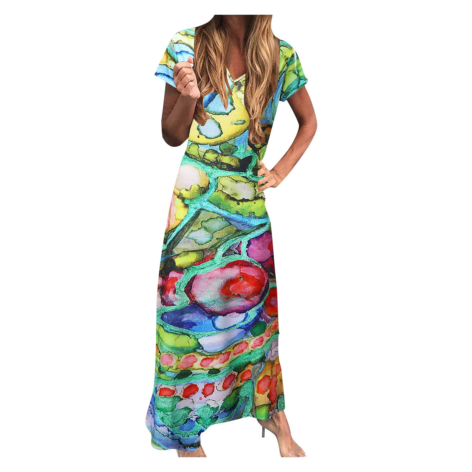 ETHKIA Women's Printed V-Neck Short Sleeve Party Dress with Slit - Elegant Summer Cocktail Dress for Weddings, Date Nights & Special Occasions