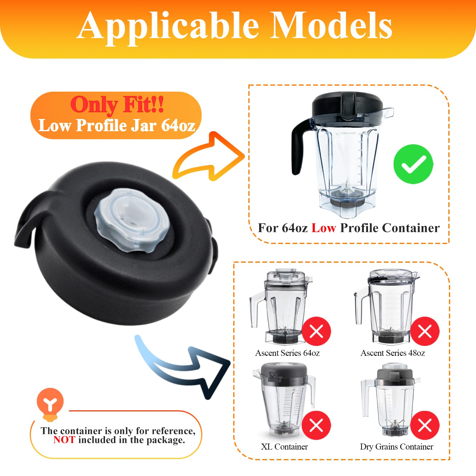 Vitamix Lid Replacement - 64oz Low Profile Container Lid Compatible with Vitamix Pro 750, 5200, 5300, 6500, 7500, VM0103, VM0197, E310, E320 - Perfect for Classic, Explorian, Propel & Commercial Series - Ideal for Smoothies, Soups & Food Processing