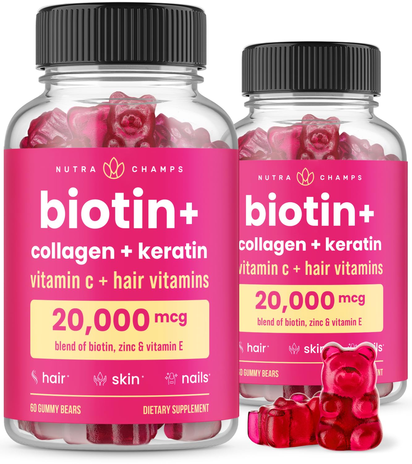 NutraChamps Biotin 5000mcg Gummies for Hair Growth, Skin & Nails - Collagen & Keratin Supplement with Vitamins, Berry Flavor, 120 Count (Pack of 2) - Supports Healthy Hair, Glowing Skin & Strong Nails - Perfect for Daily Beauty Routine & Wellness Support