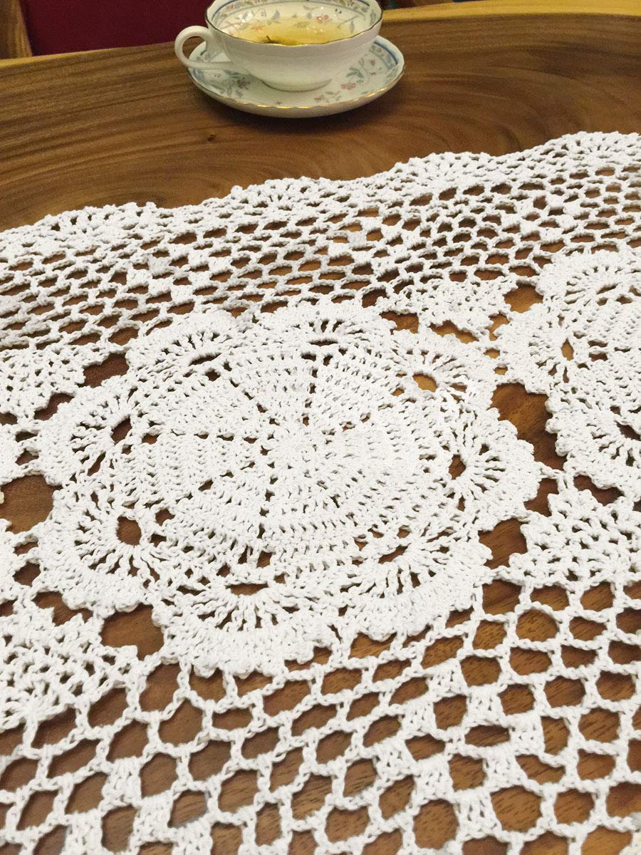 Handmade White Crochet Cotton Table Runner - 16x51 Inches Lace Doily Rectangular Dresser Scarf for Dining Table, Coffee Table, and Home Decor