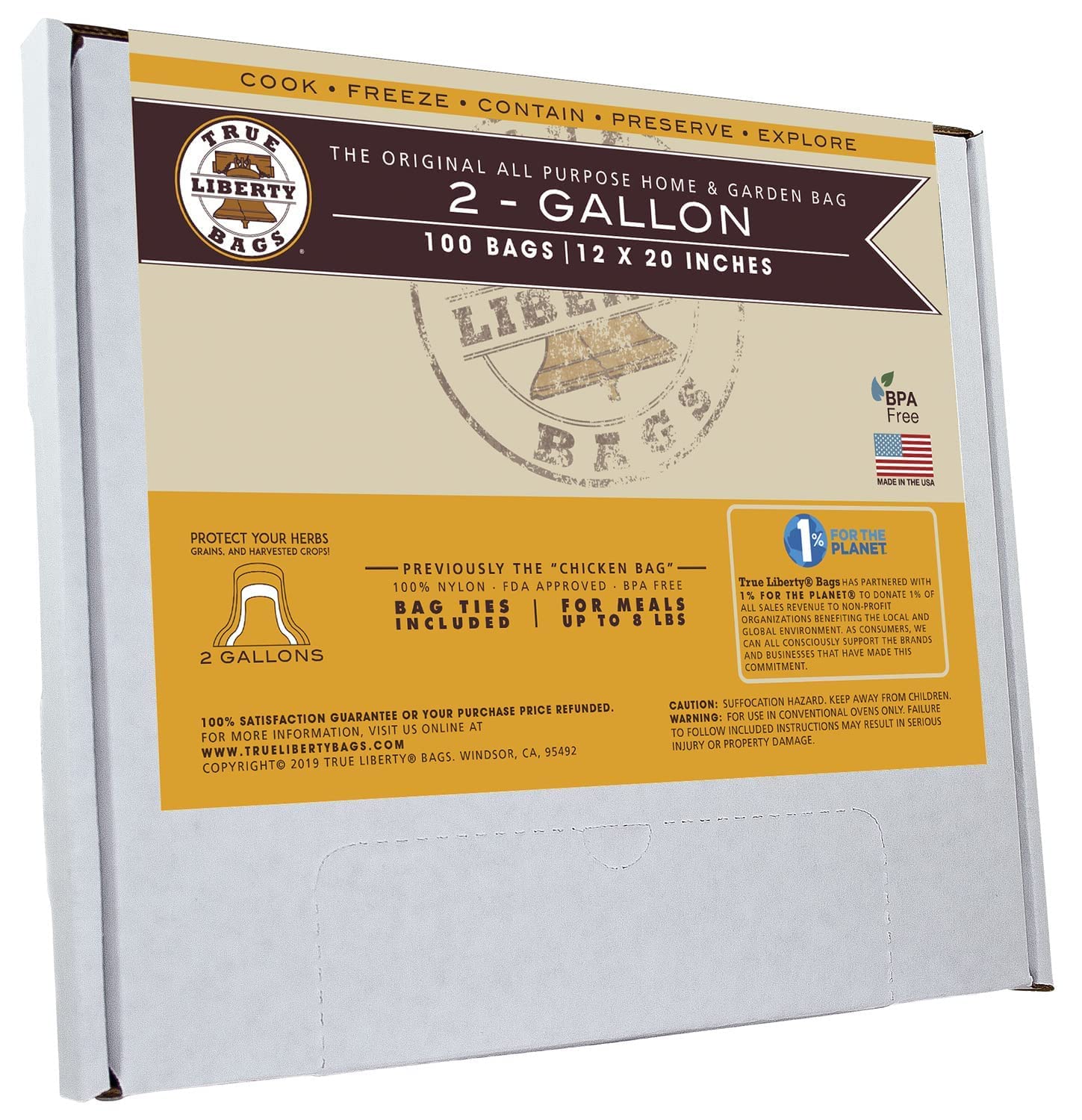 True Liberty Bags - 2 Gallon Reusable Food Storage Bags (100 Pack) - Heavy Duty Freezer, Oven & Refrigerator Safe Bags for Meat, Fish, Poultry & Herbs - 12