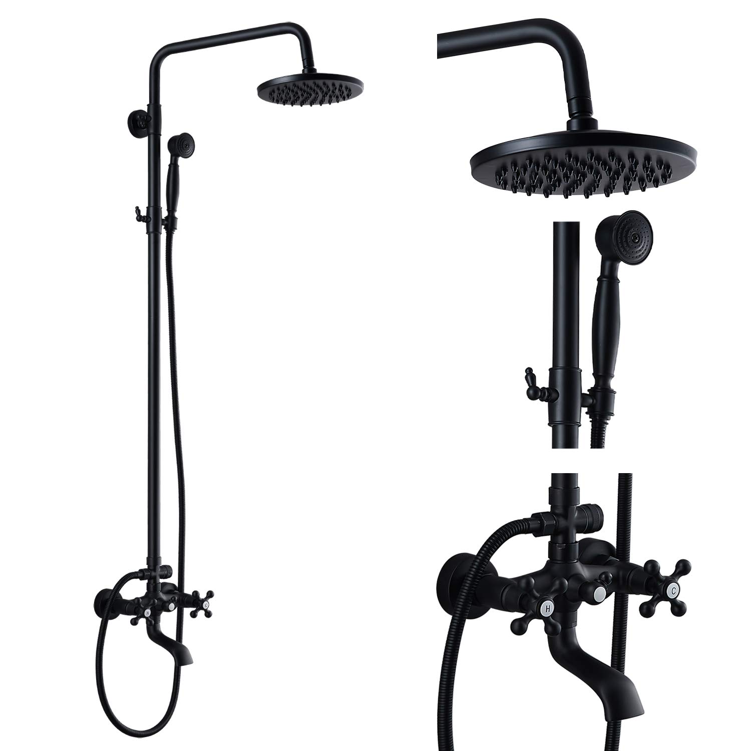Gotonovo Matte Black Wall Mounted Outdoor Shower System - 8 Inch Rainfall Shower Head with Adjustable Handheld Sprayer & Tub Spout, Double Cross Handles for Bathroom & Garden Use
