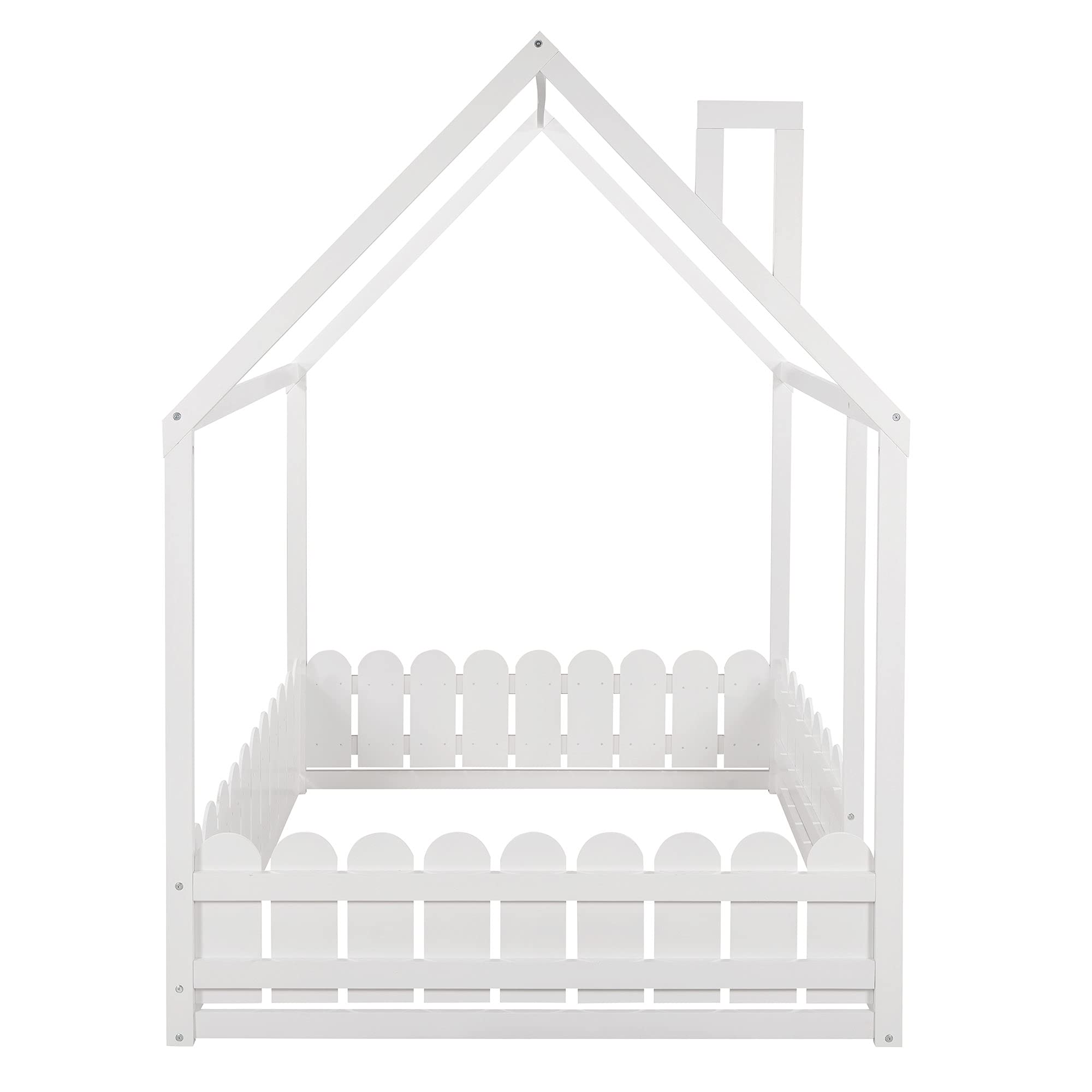**Kids House Bed with Fence-Shaped Guardrails - Twin Size Floor Bed for Toddlers, Teens, Boys & Girls - High Weight Capacity - Full White - Perfect for Bedrooms, Playrooms & Montessori Spaces**