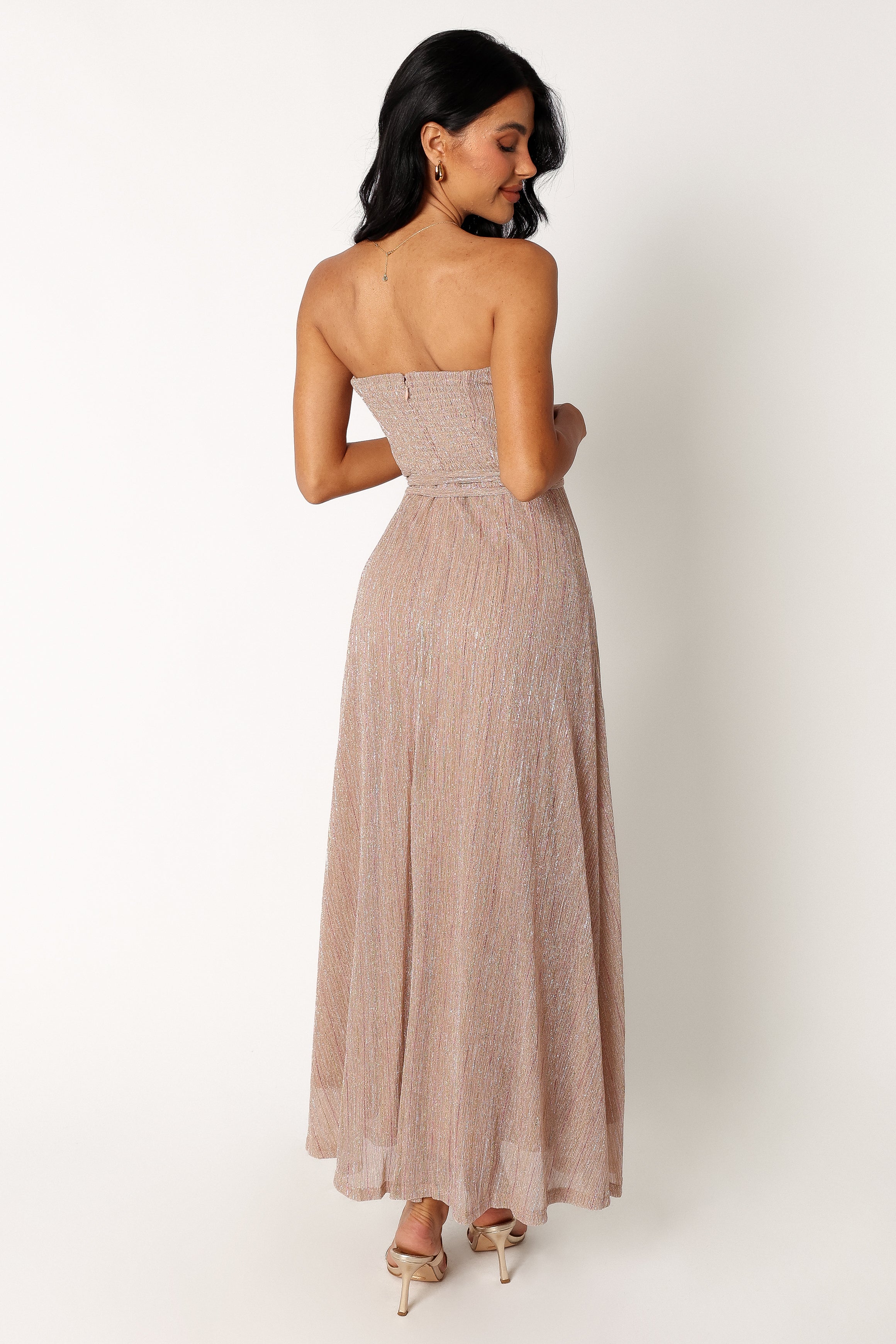 Elegant Strapless Maxi Dress in Rose Gold Stripe - Perfect for Summer Weddings, Beach Vacations & Evening Parties