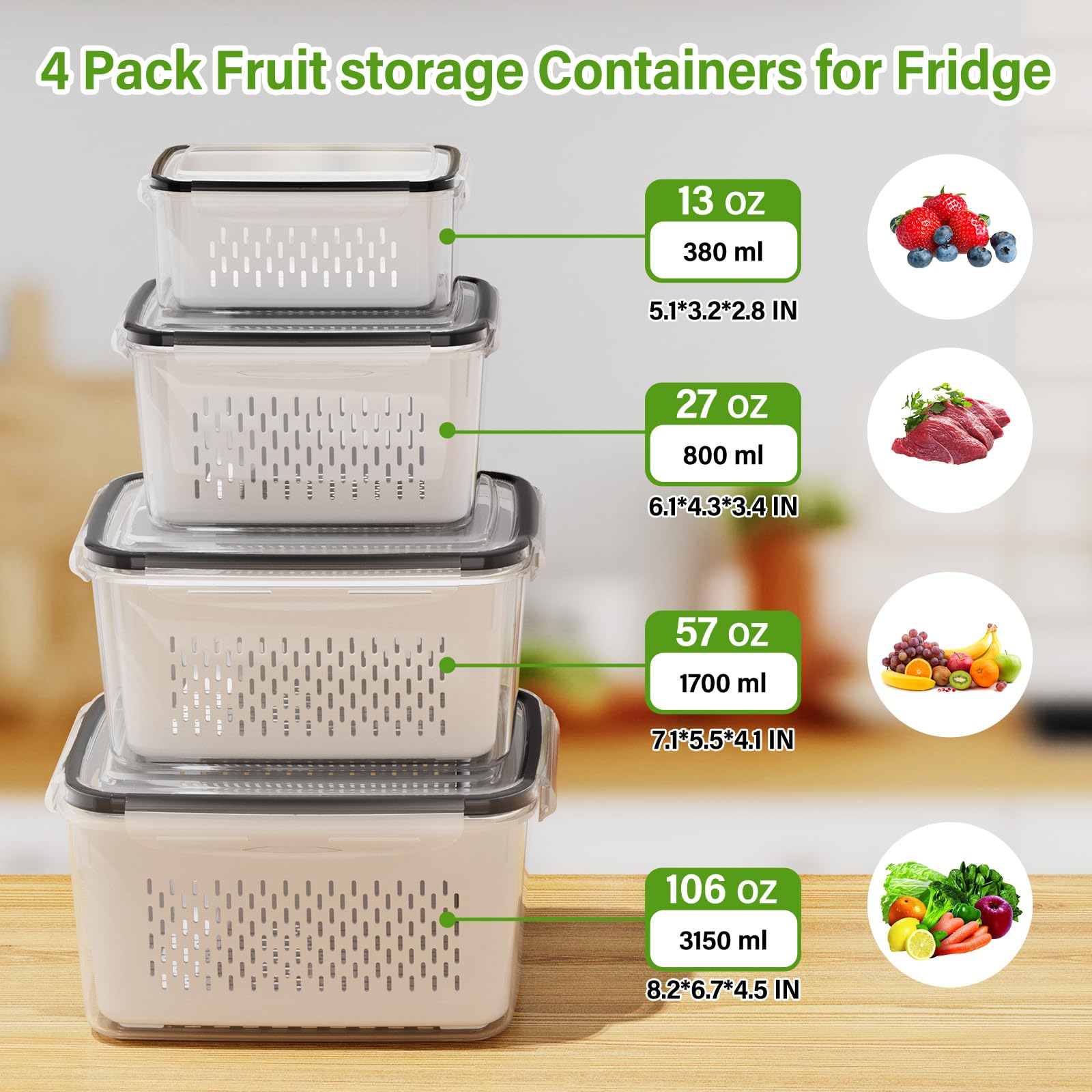 4-Piece Fruit Storage Containers for Refrigerator - Airtight Produce Keepers with Removable Colander & Strainer, Microwave & Dishwasher Safe - Perfect for Storing Berries, Salad Greens, Lettuce & Fresh Fruits in Kitchen or Fridge